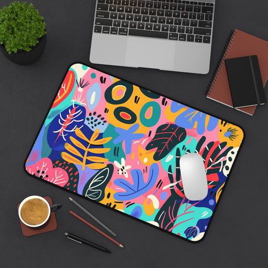 Colorful Abstract Computer Desk Mat | Vibrant Leaves and Shapes Mouse Pad | Anti-Slip Neoprene Desk Mat for Home Office | 3 Sizes Available