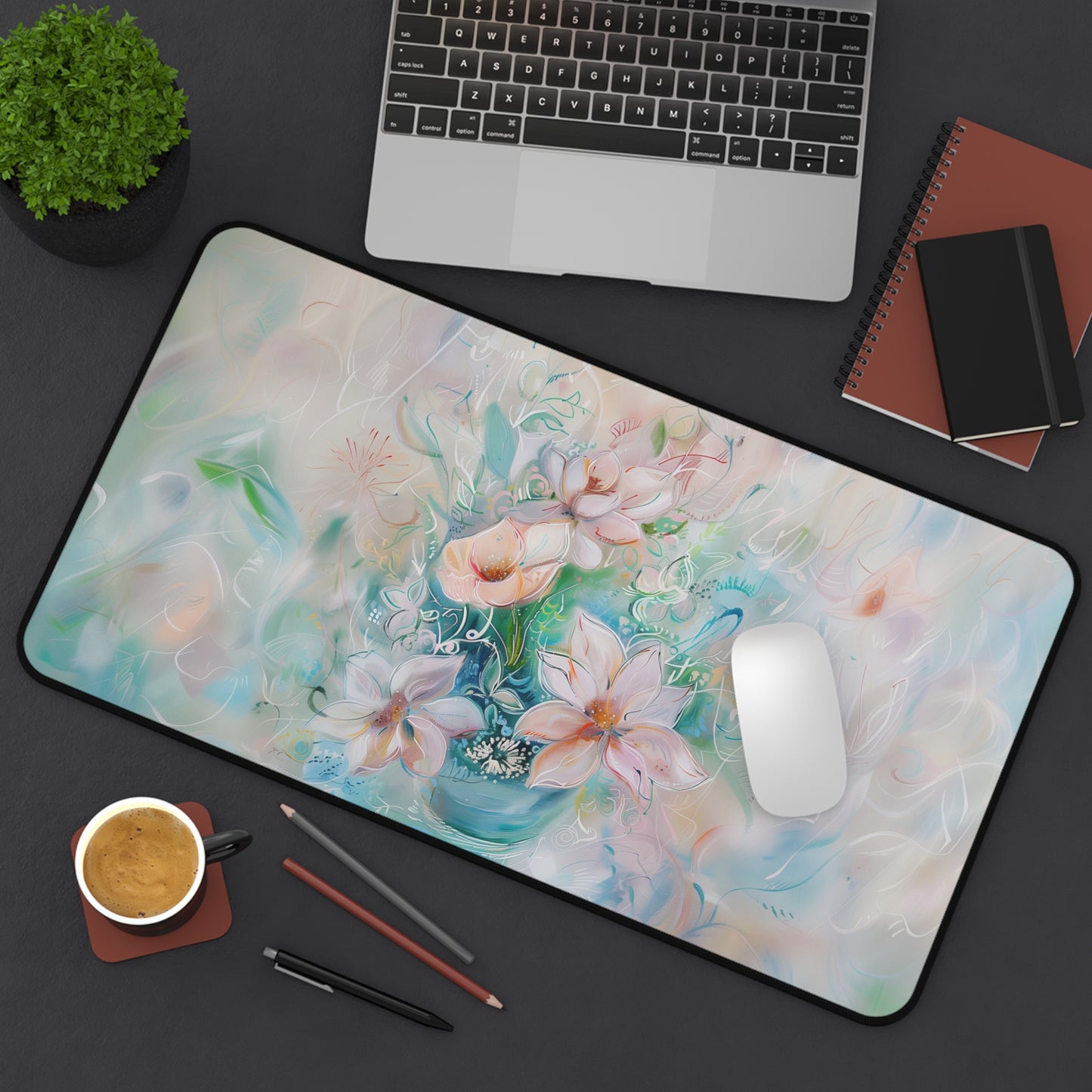 Ethereal Bloom Computer Desk Mat | Pastel Floral Mouse Pad | Anti-Slip Neoprene Desk Mat for Home Office | 3 Sizes Available