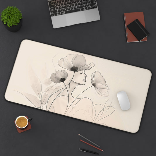 Elegant Line Art Computer Desk Mat | Floral Lady Mouse Pad | Anti-Slip Neoprene Desk Mat for Home Office | 3 Sizes Available