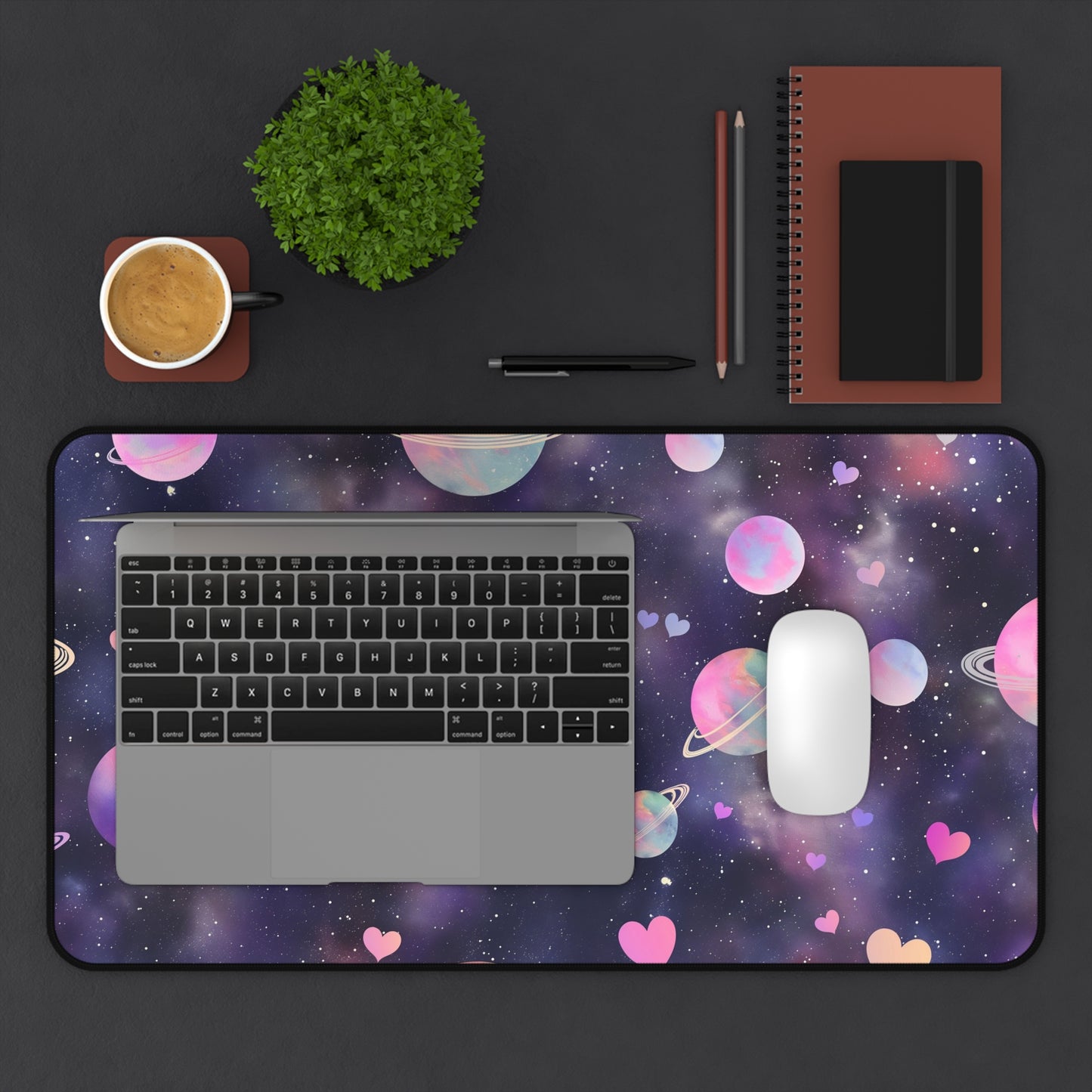 Cosmic Love Computer Desk Mat | Pastel Planets and Hearts Mouse Pad | Anti-Slip Neoprene Desk Mat for Home Office | 3 Sizes Available