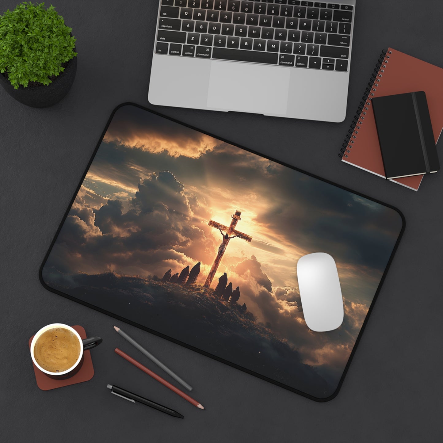 Crucifixion Sunrise Desk Mat | Neoprene | Anti-Slip | Inspirational Christian Art | Office & Gaming Decor | 3 Sizes