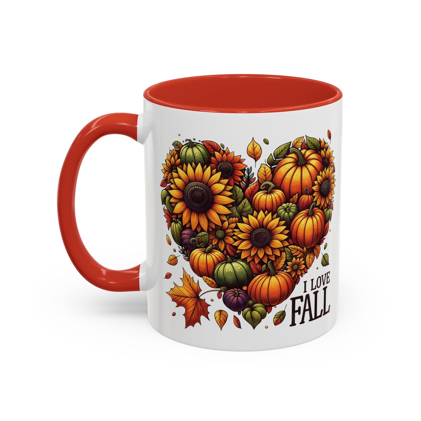 I Love Fall Autumn Mug | 11oz and 15oz Ceramic Coffee Cup | Sunflower and Pumpkin Heart Design