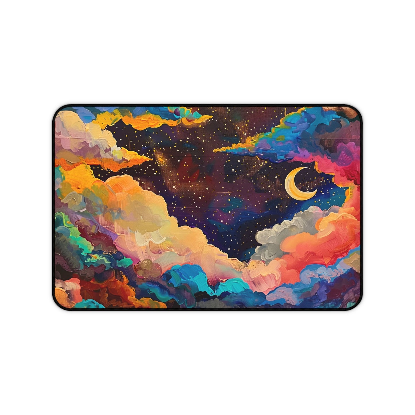 Dreamy Night Sky Computer Desk Mat | Colorful Clouds and Moon Mouse Pad | Anti-Slip Neoprene Desk Mat for Home Office | 3 Sizes Available