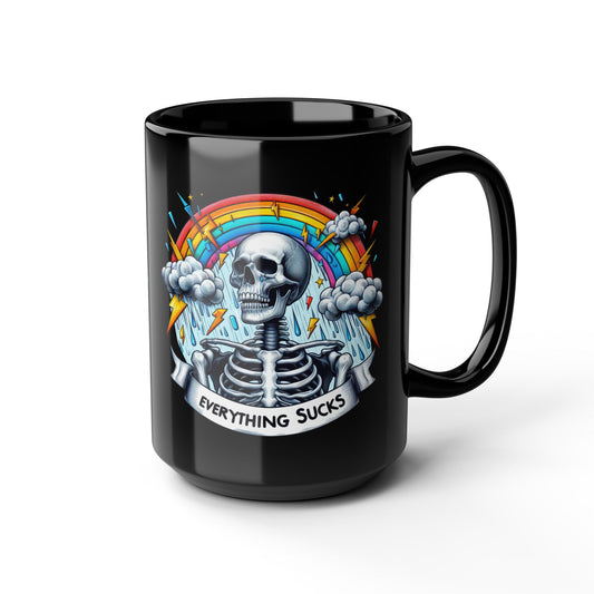 Everything Sucks Skeleton Mug | Dark Humor Rainbow Coffee Cup | Sarcastic Gothic Gift