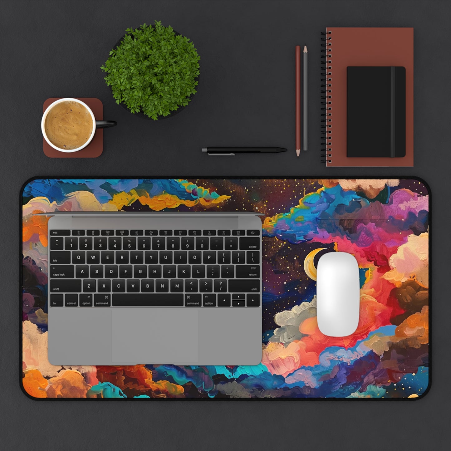 Dreamy Night Sky Computer Desk Mat | Colorful Clouds and Moon Mouse Pad | Anti-Slip Neoprene Desk Mat for Home Office | 3 Sizes Available