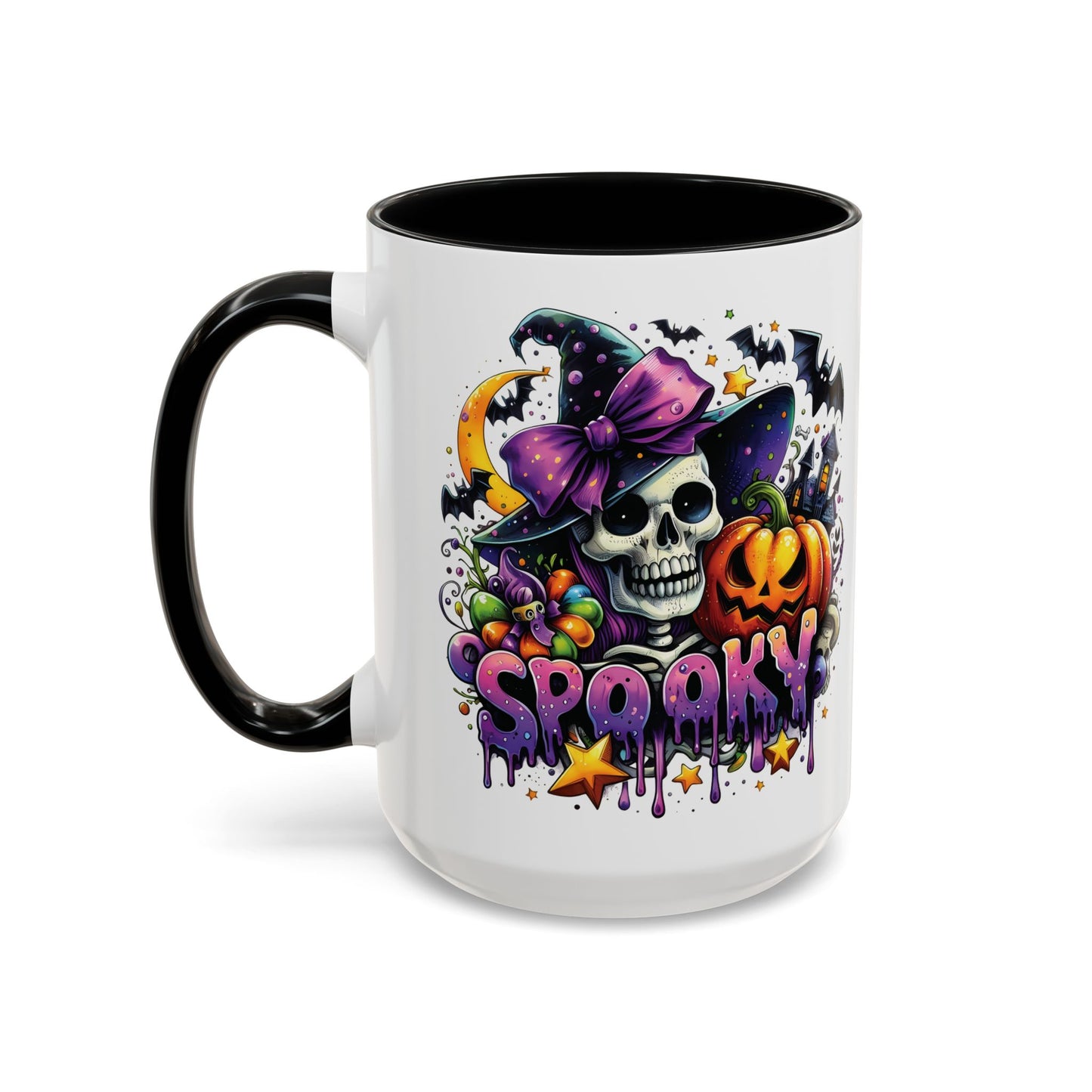 Spooky Halloween Skull Mug | Colorful Witch Hat and Pumpkin Design | 11oz and 15oz Ceramic Coffee Cup