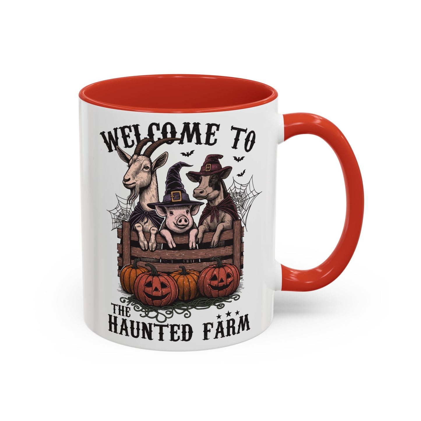 Welcome to the Haunted Farm Mug | Spooky Farm Animal Halloween Cup | Goat, Pig, and Cow in Witch Hats