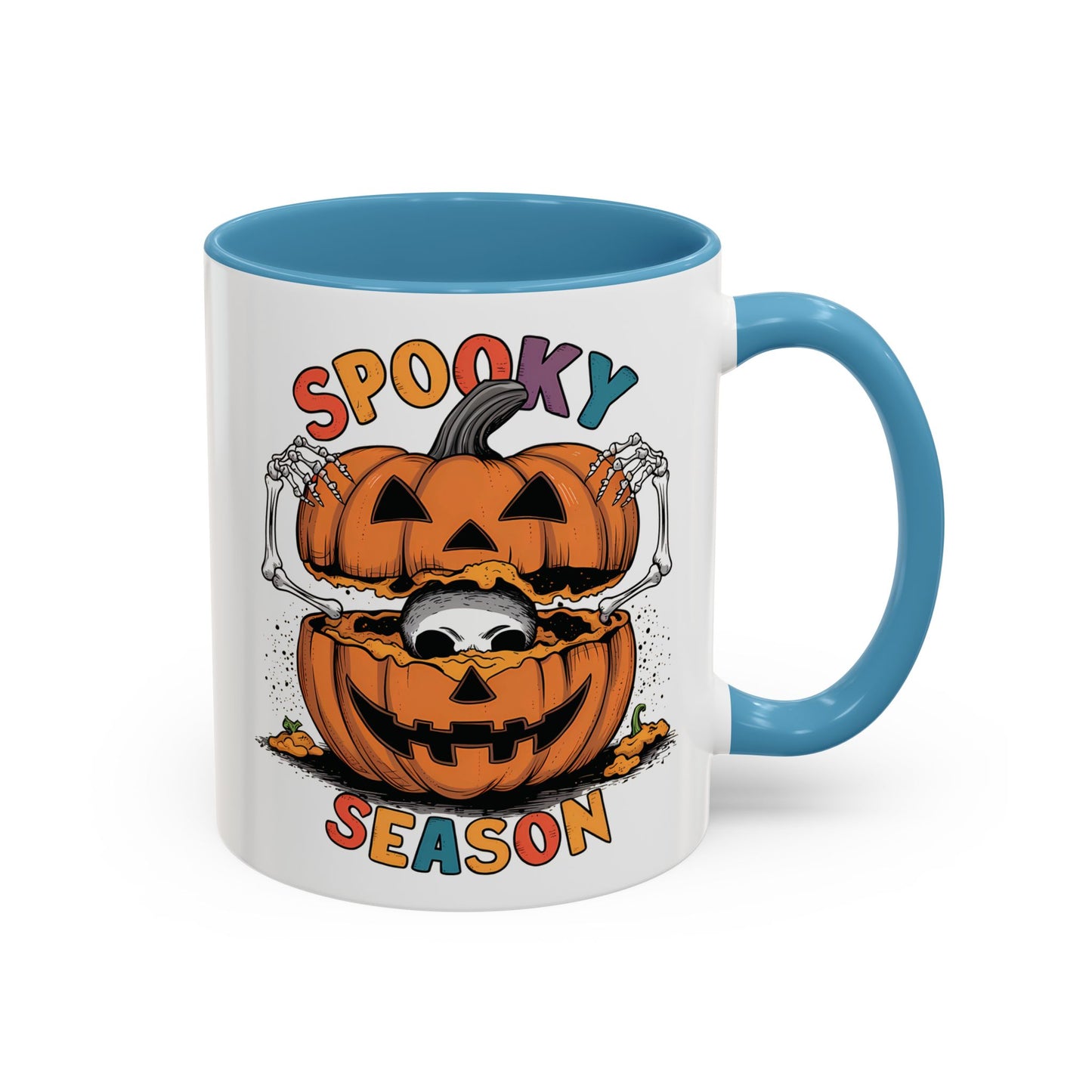 Spooky Season Halloween Mug | 11oz and 15oz Ceramic Coffee Cup | Skeleton in Pumpkin Design