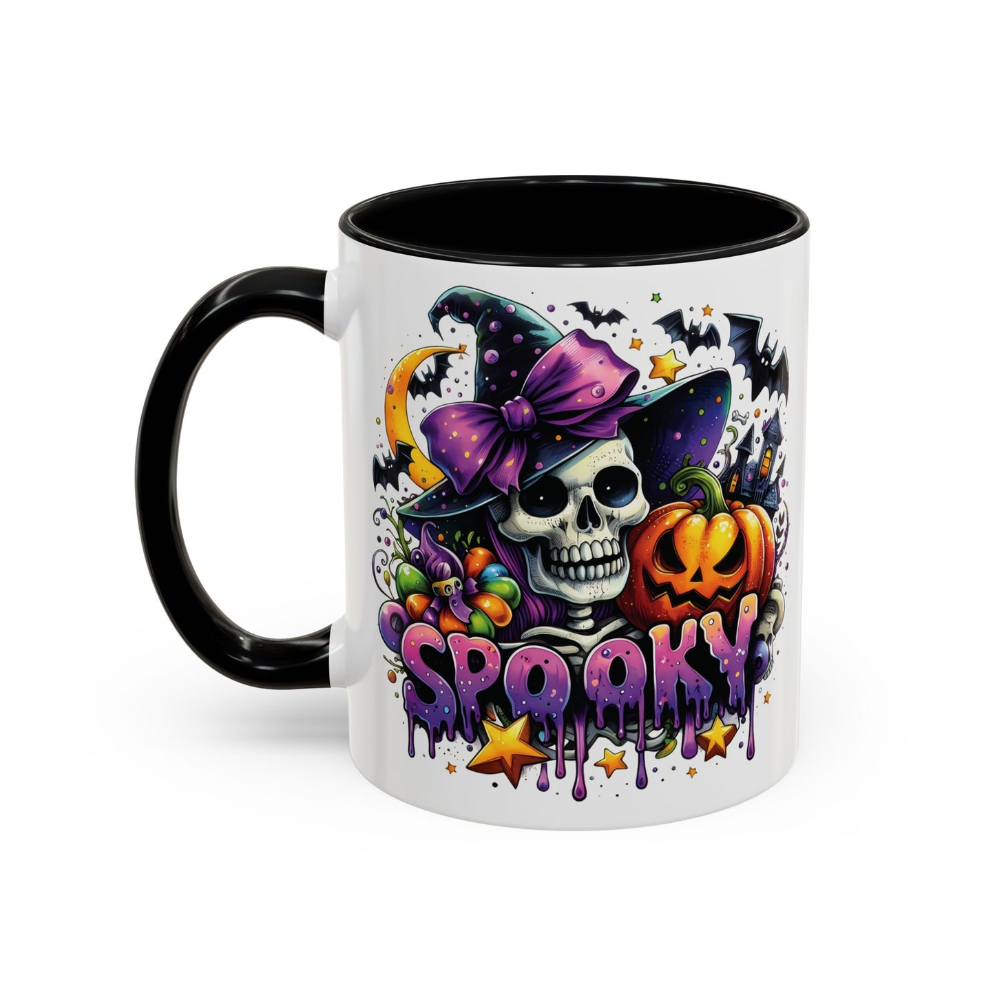 Spooky Halloween Skull Mug | Colorful Witch Hat and Pumpkin Design | 11oz and 15oz Ceramic Coffee Cup