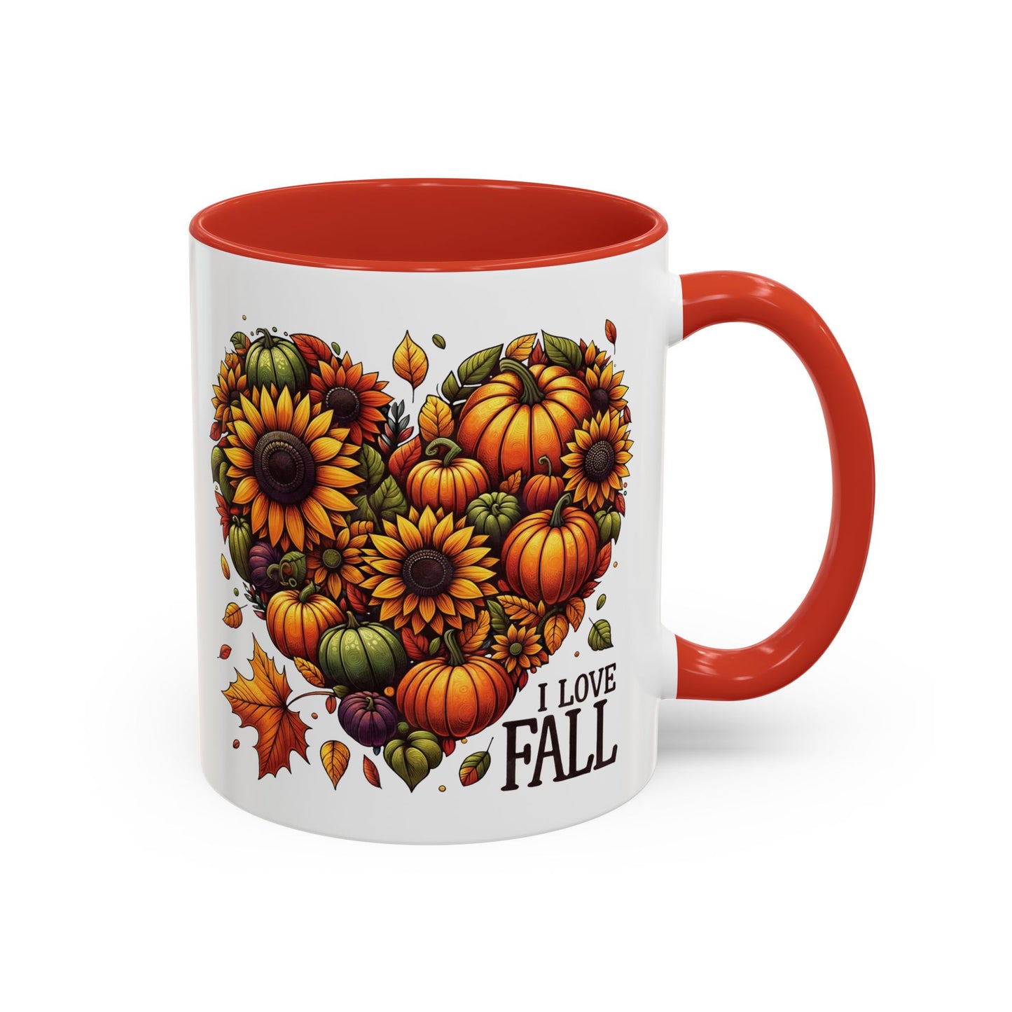 I Love Fall Autumn Mug | 11oz and 15oz Ceramic Coffee Cup | Sunflower and Pumpkin Heart Design