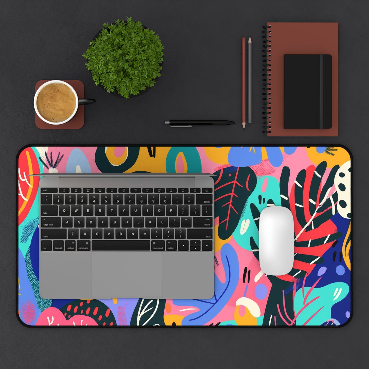 Colorful Abstract Computer Desk Mat | Vibrant Leaves and Shapes Mouse Pad | Anti-Slip Neoprene Desk Mat for Home Office | 3 Sizes Available