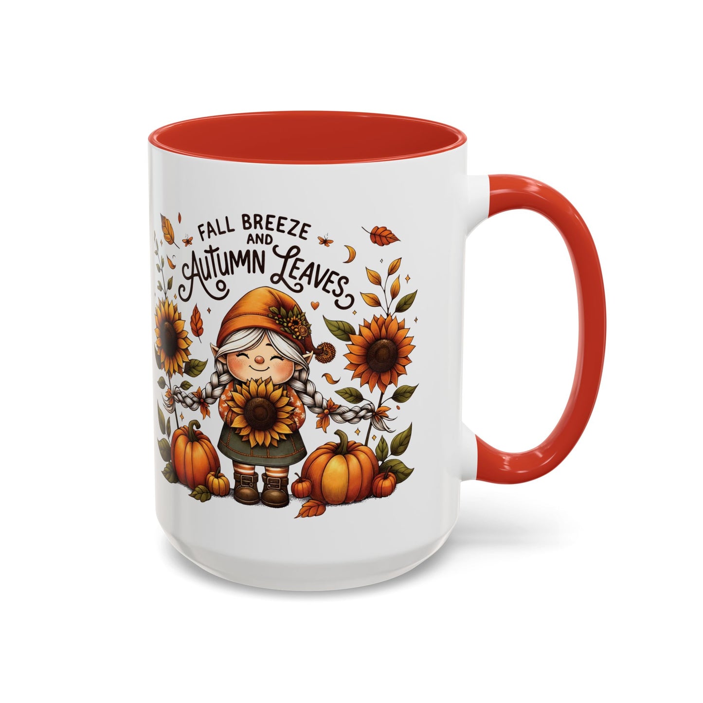 Fall Breeze and Autumn Leaves Mug | 11oz and 15oz Ceramic Coffee Cup | Cute Gnome, Sunflower, & Pumpkin Design