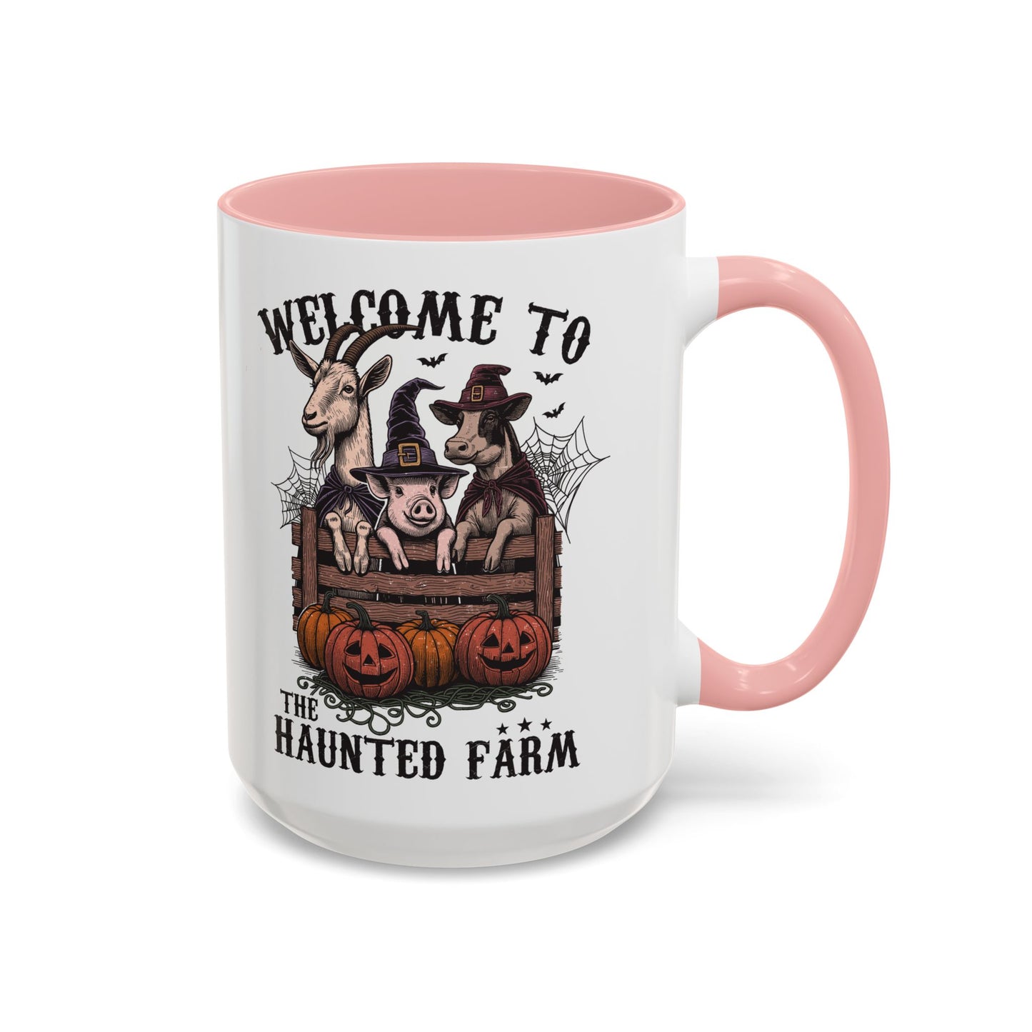 Welcome to the Haunted Farm Mug | Spooky Farm Animal Halloween Cup | Goat, Pig, and Cow in Witch Hats