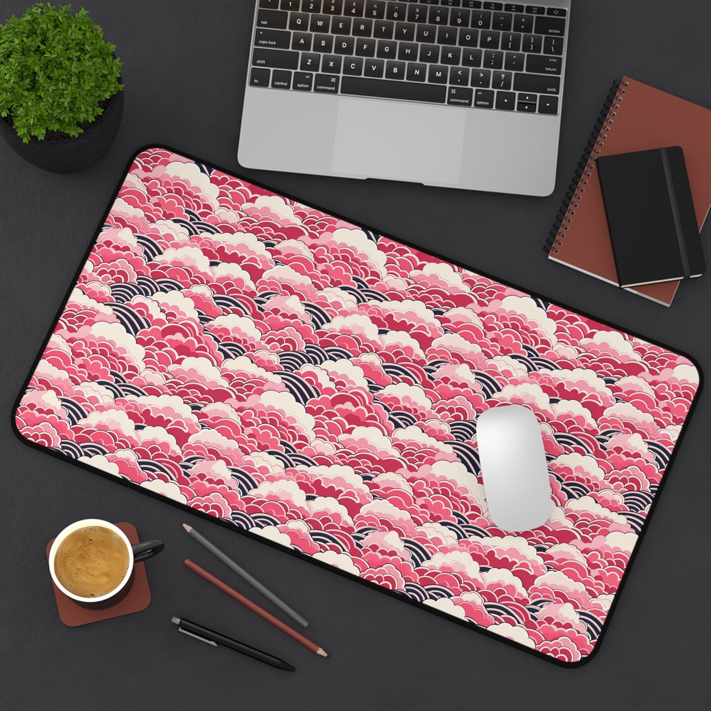 Japanese Pink Wave Pattern Desk Mat - Customizable Neoprene Anti-Slip Mouse Pad - Elegant Office Decor - Available in 3 Sizes