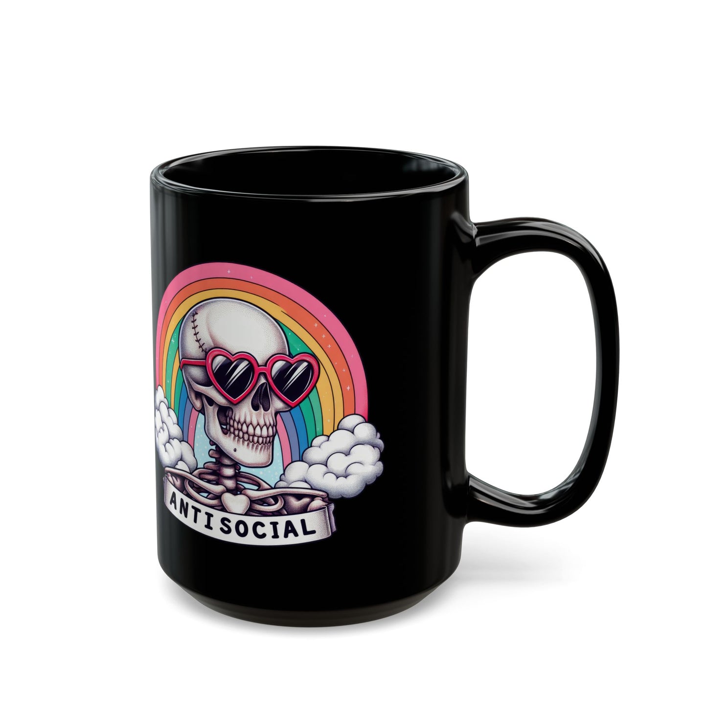 Anti-Social Skull Mug | Retro Rainbow Goth Coffee Cup | Skeleton with Heart Glasses