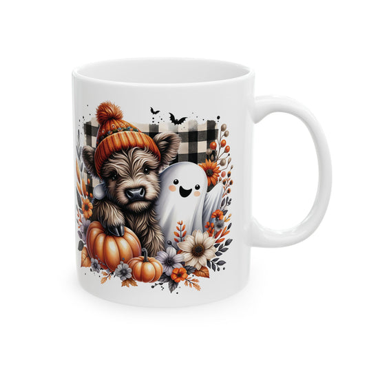 Cozy Fall Highland Cow and Ghost Ceramic Mug - Adorable Autumn Cow and Pumpkin Design - Perfect for Fall and Halloween Lovers