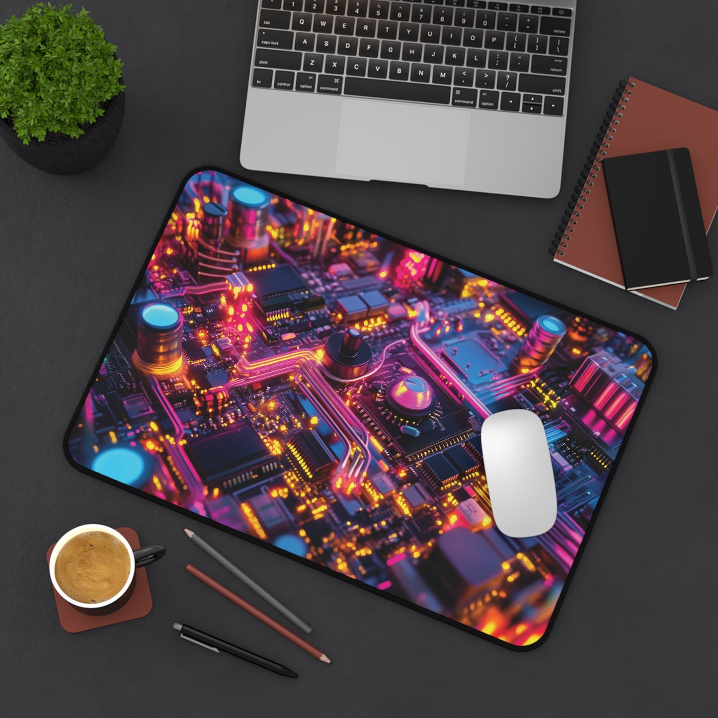 Neon Pulse Circuit Desk Mat | Neoprene | Anti-Slip | Futuristic Glow Tech Design | Office & Gaming Decor | 3 Sizes