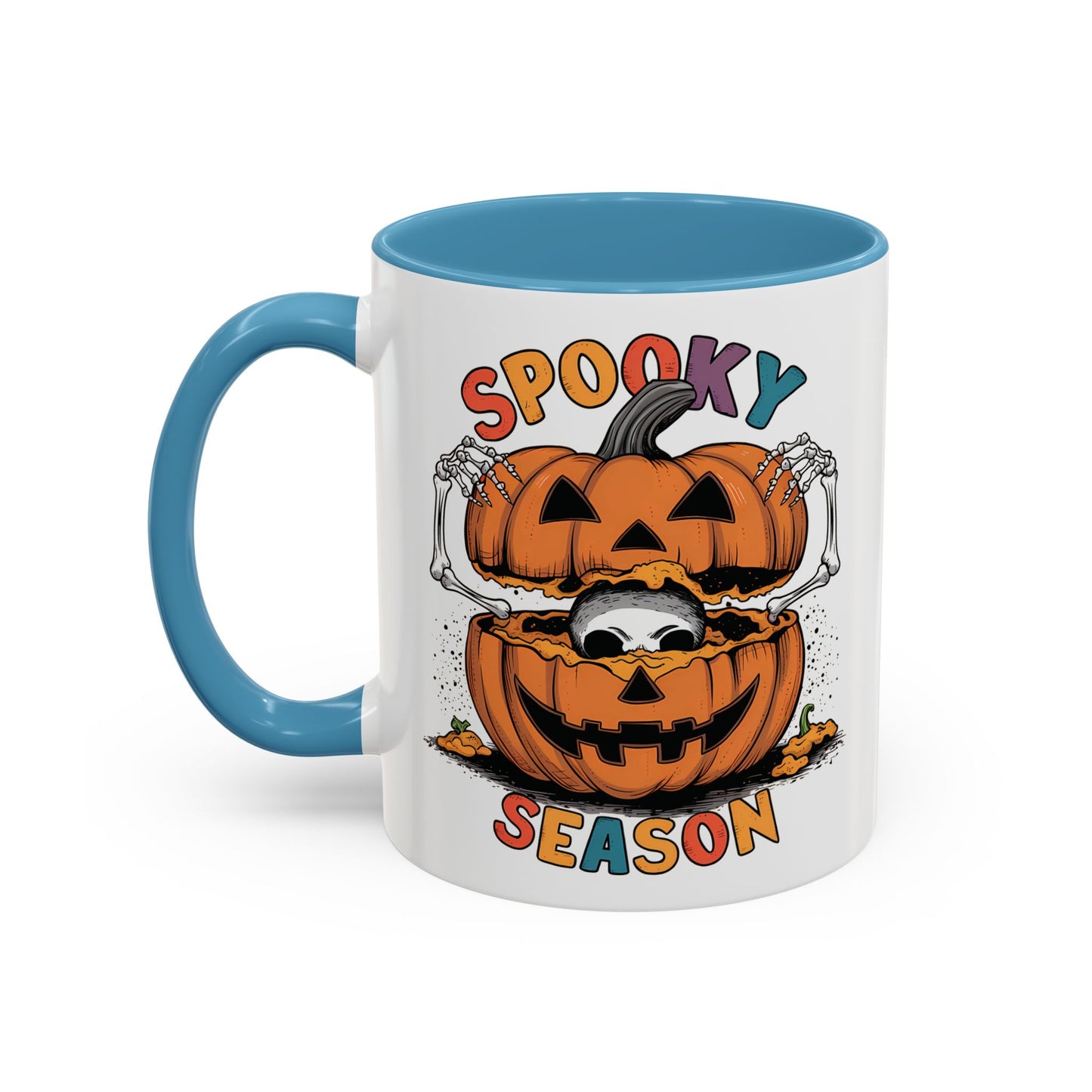 Spooky Season Halloween Mug | 11oz and 15oz Ceramic Coffee Cup | Skeleton in Pumpkin Design