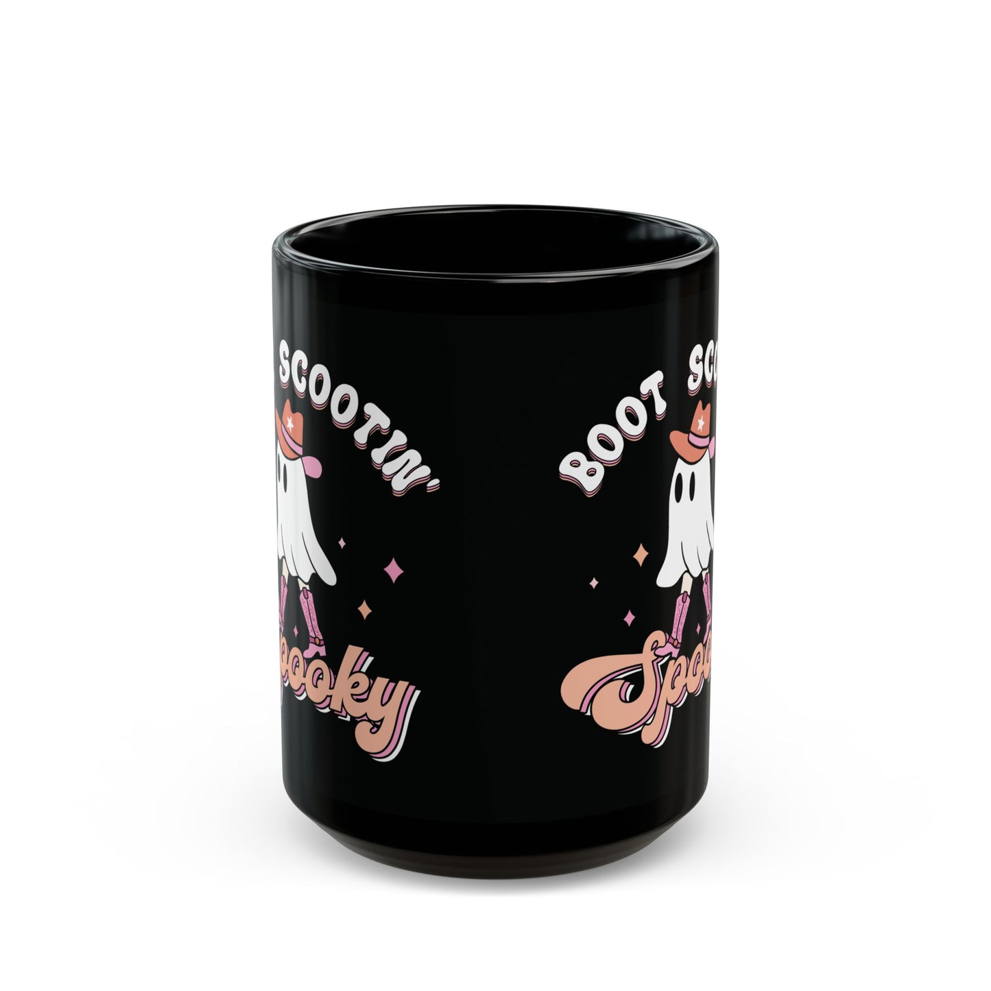 Boot Scootin Spooky Mug - Black Ceramic Coffee Cup with Cute Ghost Design - Fun Halloween Gift - 11oz & 15oz