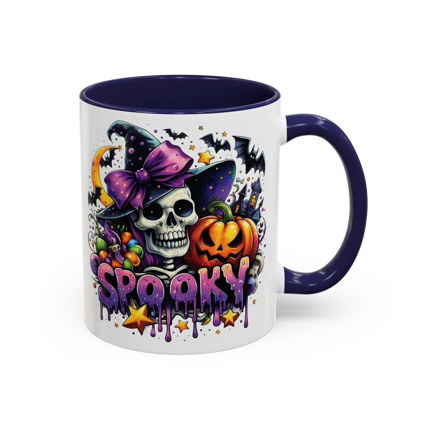 Spooky Halloween Skull Mug | Colorful Witch Hat and Pumpkin Design | 11oz and 15oz Ceramic Coffee Cup