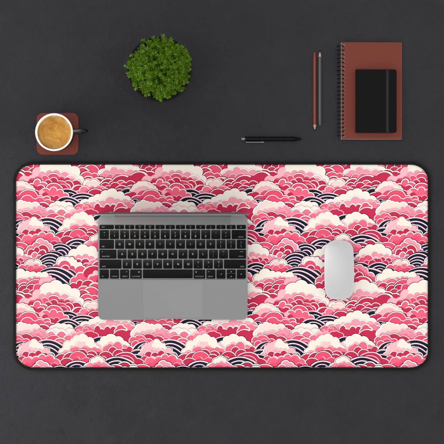 Japanese Pink Wave Pattern Desk Mat - Customizable Neoprene Anti-Slip Mouse Pad - Elegant Office Decor - Available in 3 Sizes