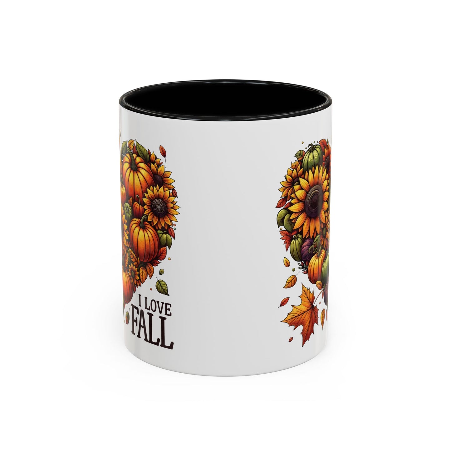 I Love Fall Autumn Mug | 11oz and 15oz Ceramic Coffee Cup | Sunflower and Pumpkin Heart Design