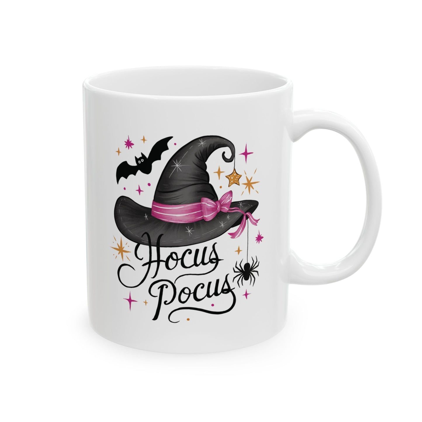 Hocus Pocus Ceramic Mug - Charming Witch Hat and Bat Design - Perfect for Halloween Lovers