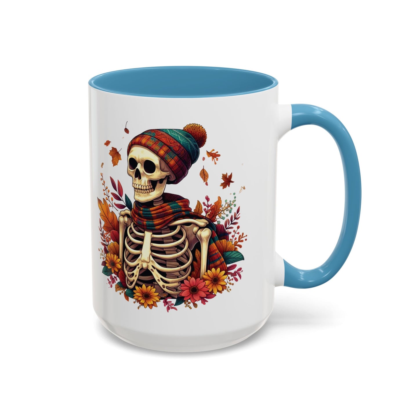 Cozy Fall Skeleton Mug | Cute Autumn Skeleton Coffee Mug | Fall-Themed Drinkware | Halloween Skeleton in Scarf Design