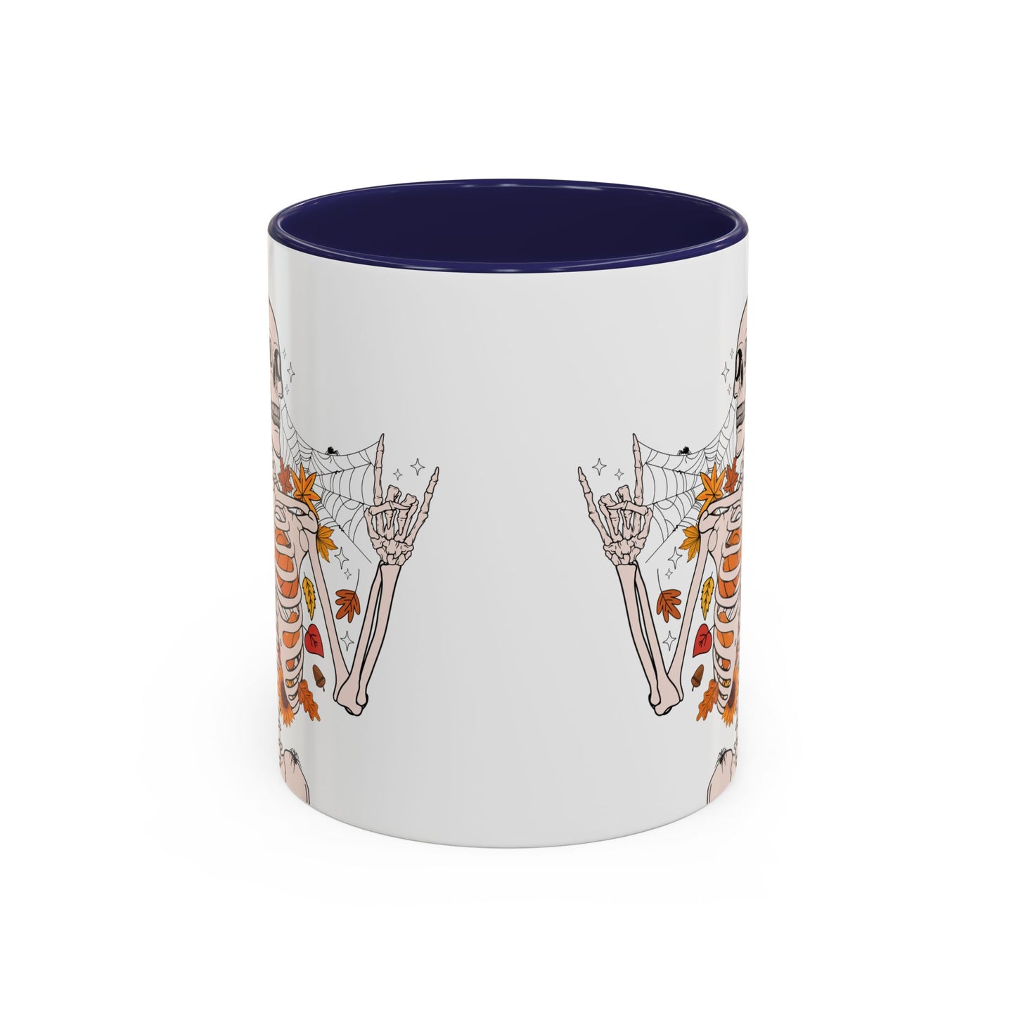 Spooky Skeleton Halloween Mug | 11oz and 15oz Ceramic Coffee Cup | Fall Leaves & Bats Design