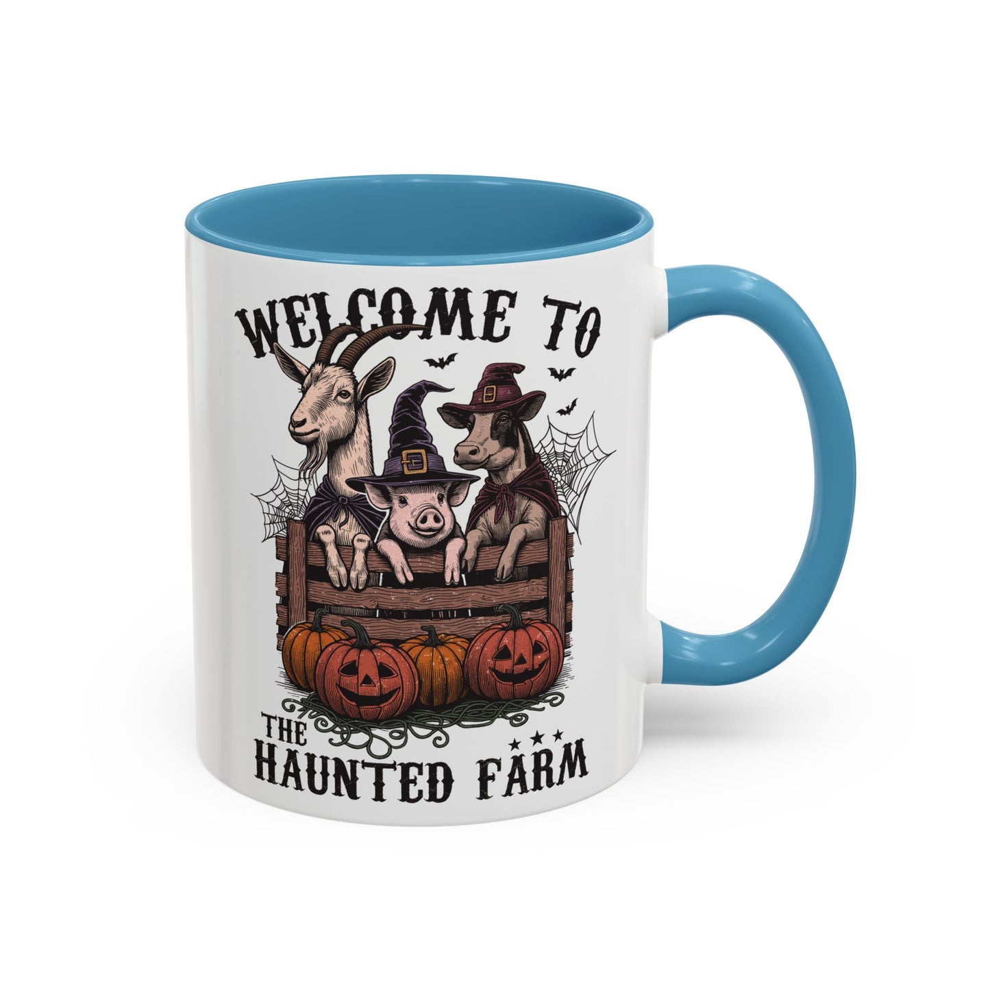 Welcome to the Haunted Farm Mug | Spooky Farm Animal Halloween Cup | Goat, Pig, and Cow in Witch Hats