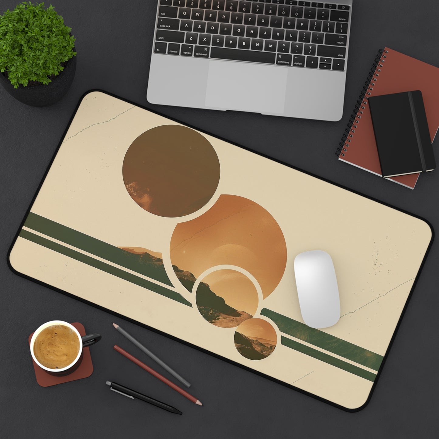 Abstract Geometric Computer Desk Mat | Retro Circles Mouse Pad | Anti-Slip Neoprene Desk Mat for Home Office | 3 Sizes Available