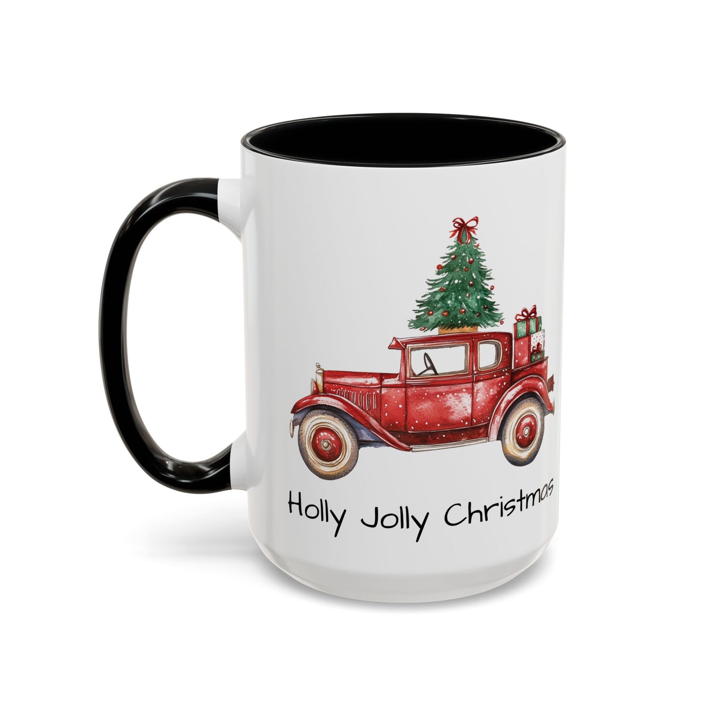 Holly Jolly Christmas Vintage Truck Mug - Vintage Red Truck with Christmas Tree Design - Perfect for Holiday Cheer