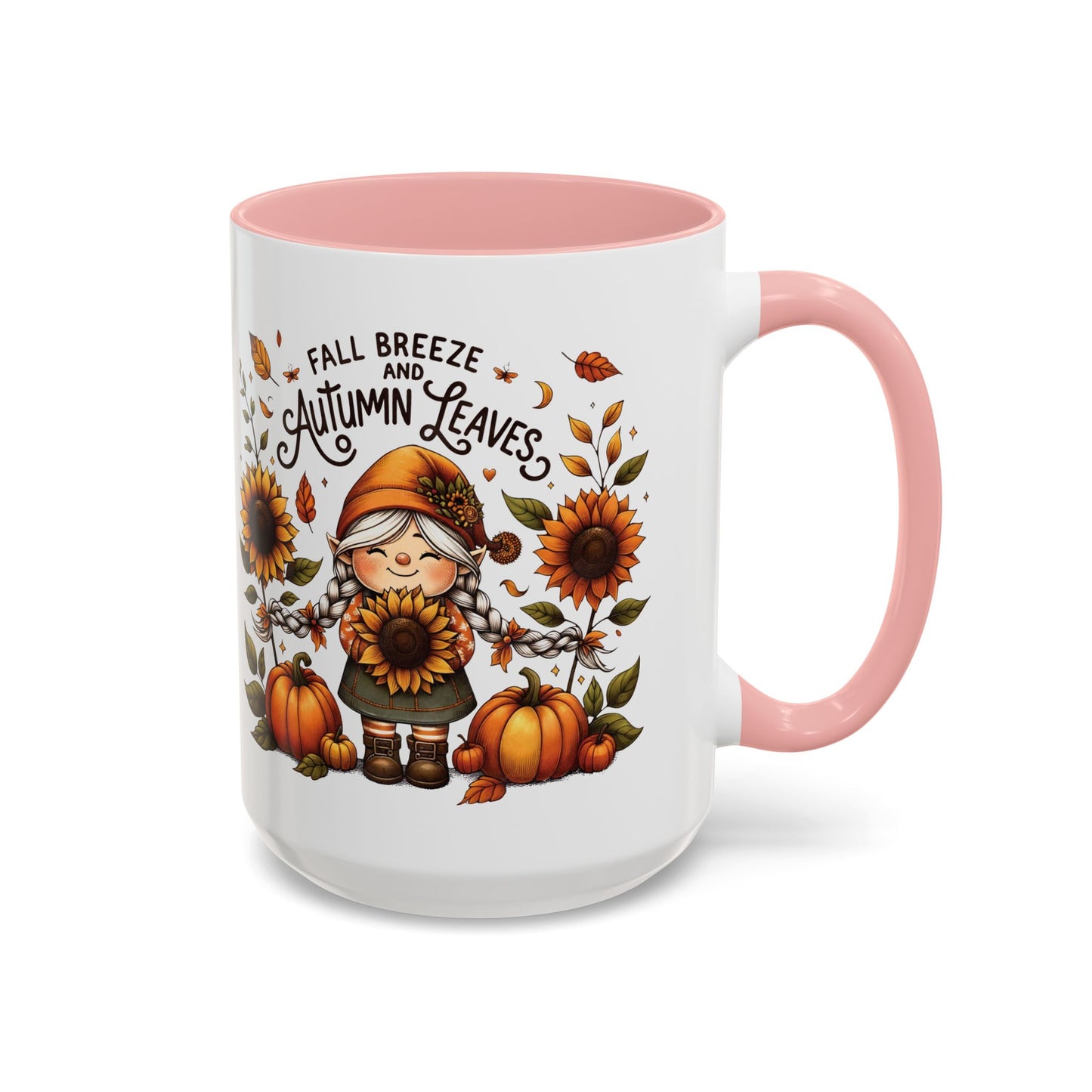 Fall Breeze and Autumn Leaves Mug | 11oz and 15oz Ceramic Coffee Cup | Cute Gnome, Sunflower, & Pumpkin Design