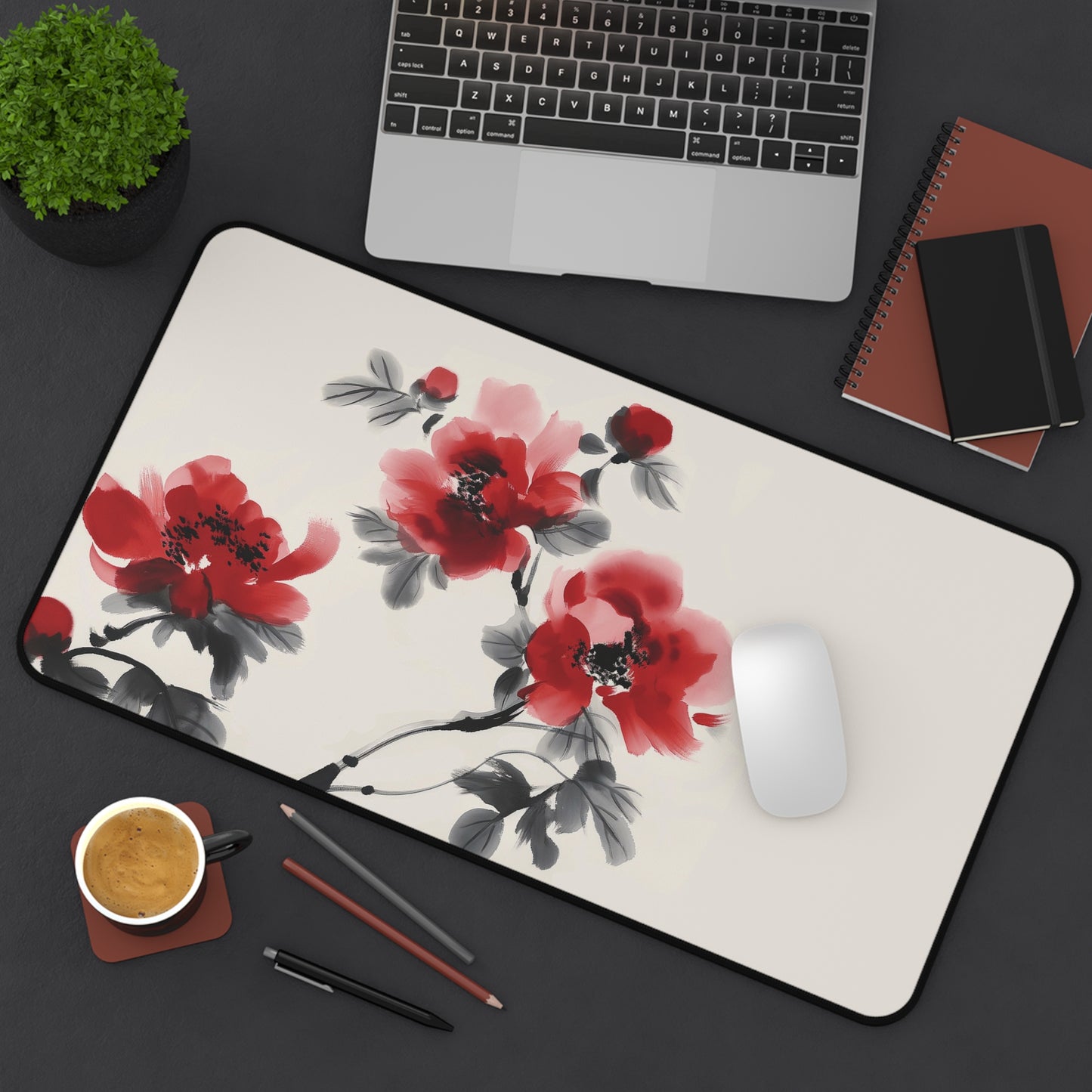 Red Blossoms Desk Mat | Elegant Floral Anti-Slip | 3 Sizes | Office Decor