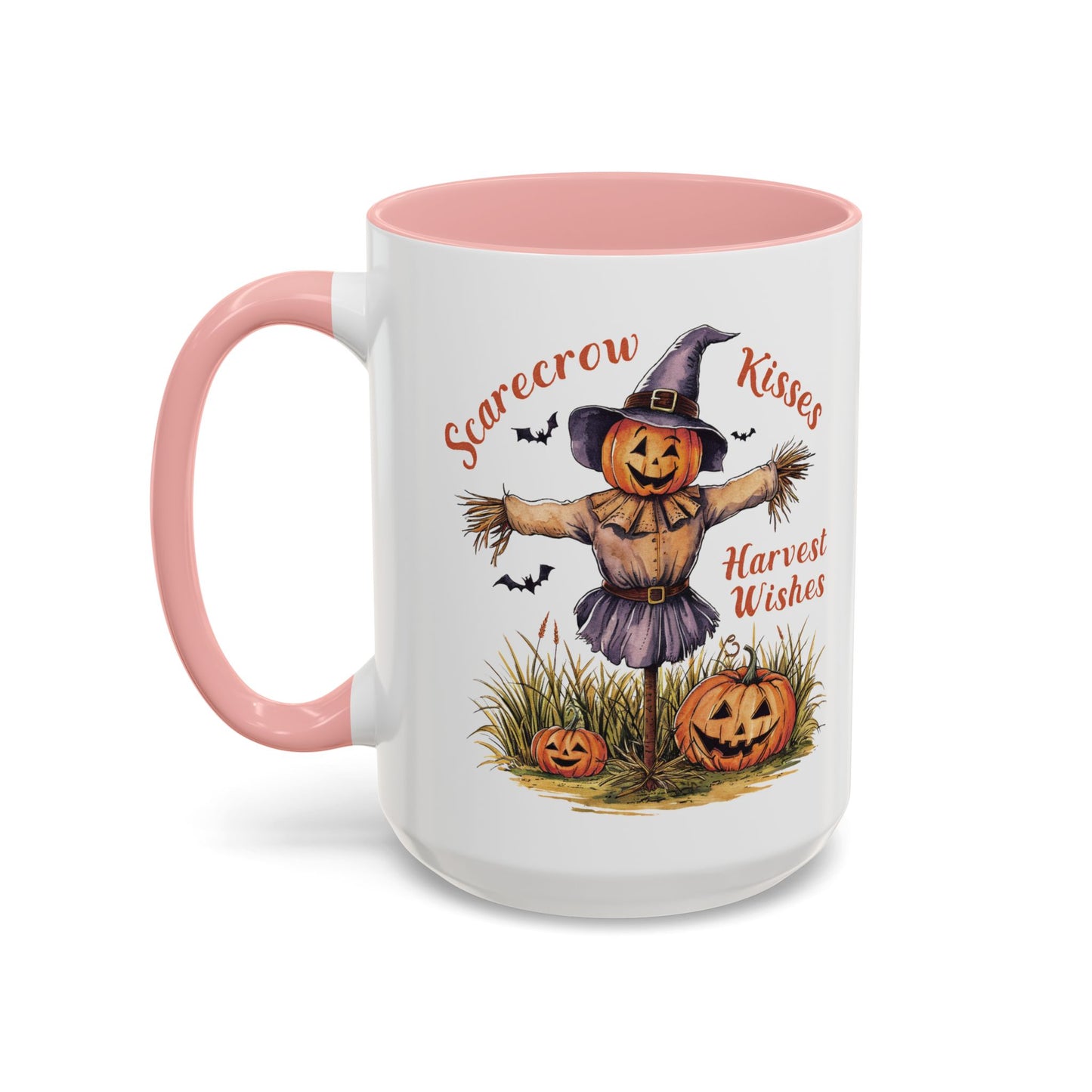 Scarecrow Kisses and Harvest Wishes Mug | Fall Scarecrow and Pumpkin Design | Perfect Autumn Coffee Mug for Cozy Mornings