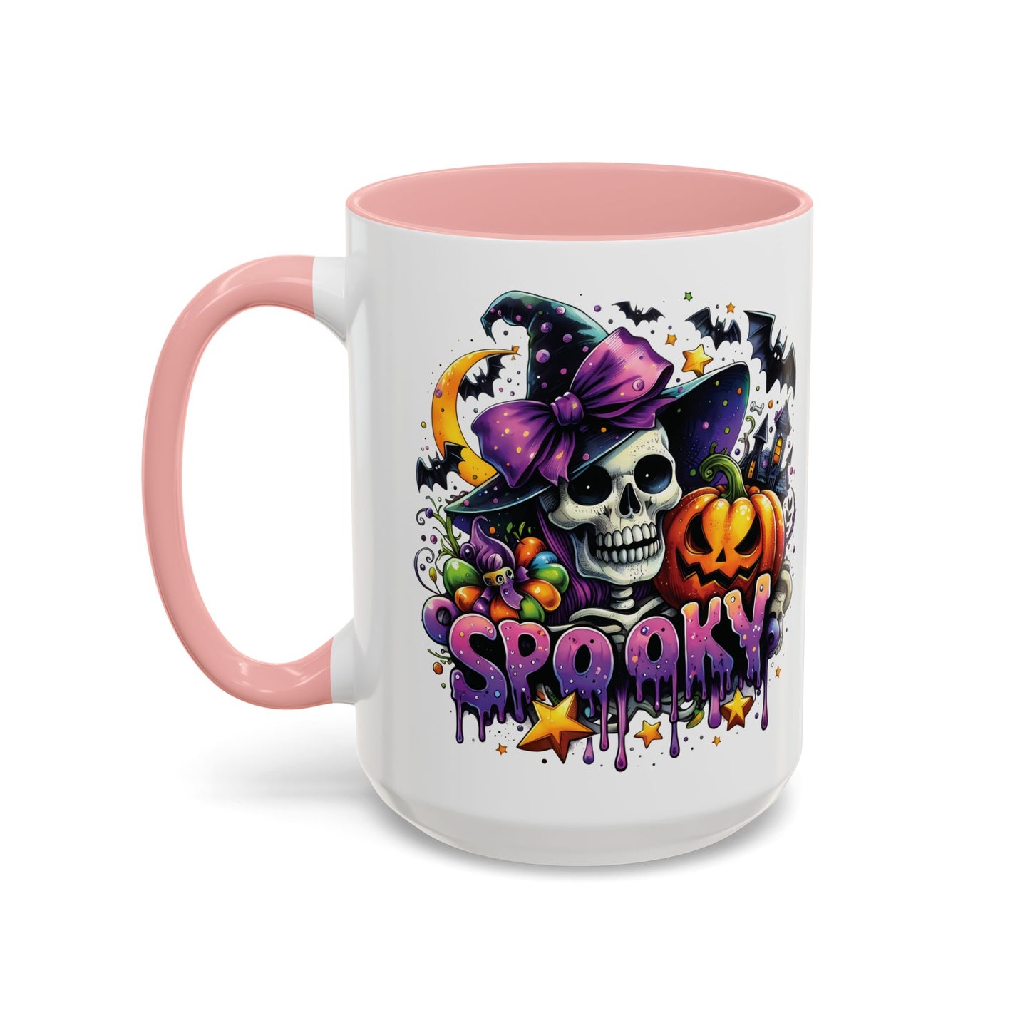 Spooky Halloween Skull Mug | Colorful Witch Hat and Pumpkin Design | 11oz and 15oz Ceramic Coffee Cup