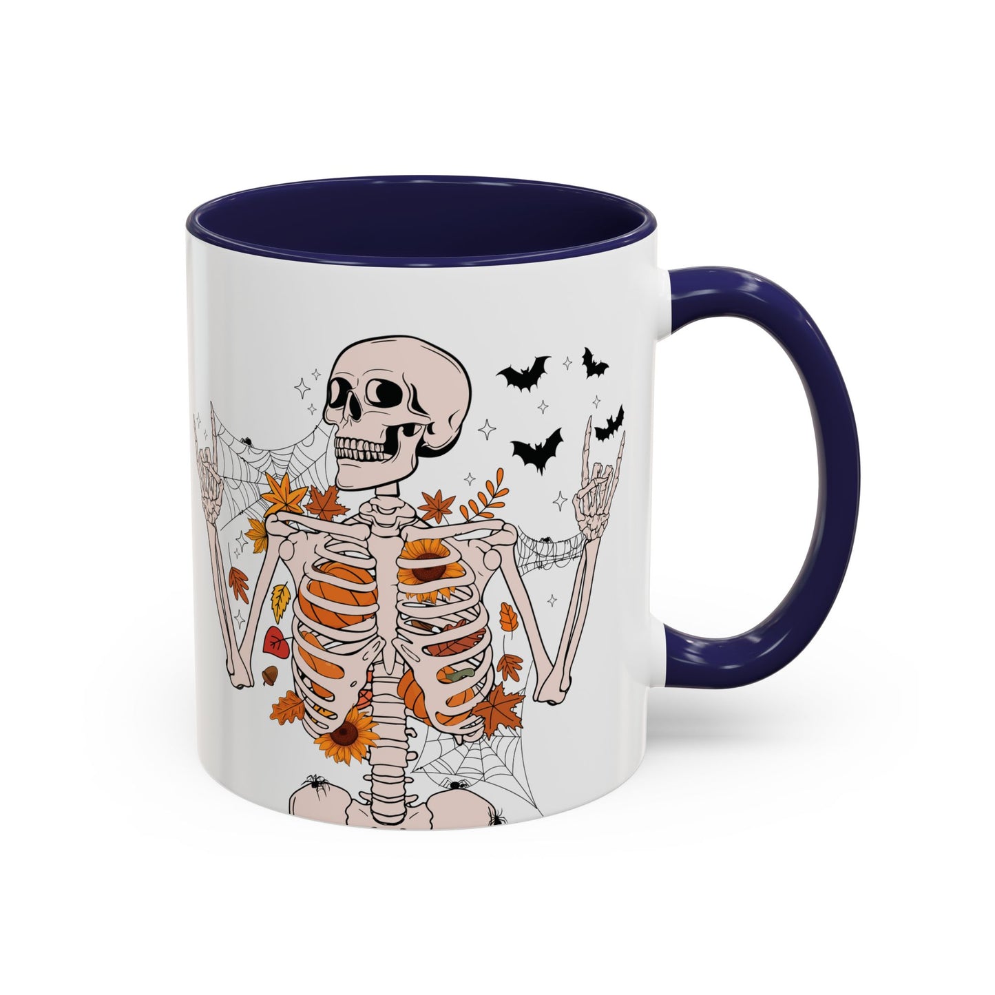 Spooky Skeleton Halloween Mug | 11oz and 15oz Ceramic Coffee Cup | Fall Leaves & Bats Design