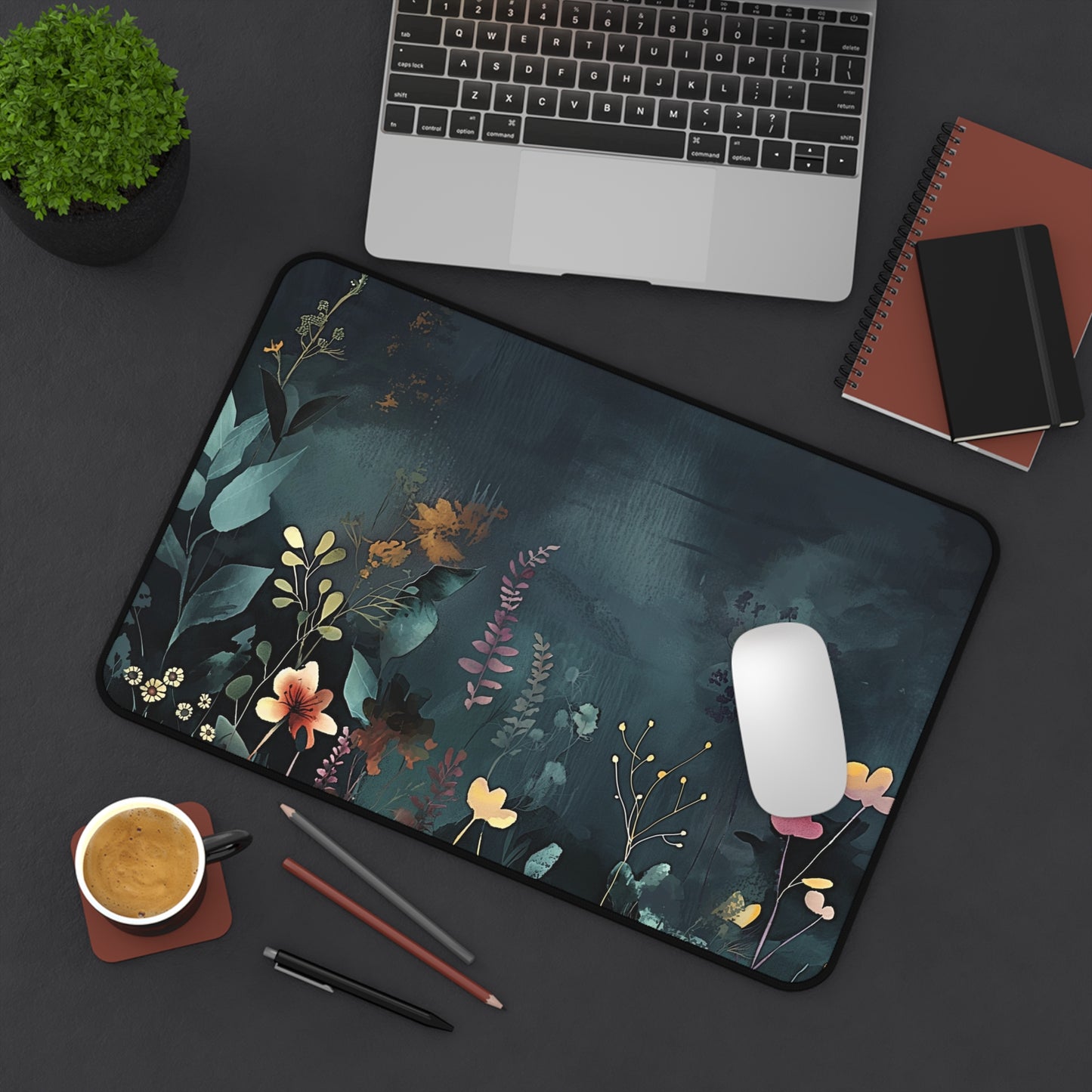 Night Garden Computer Desk Mat | Dark Floral Mouse Pad | Anti-Slip Neoprene Desk Mat for Home Office | 3 Sizes Available