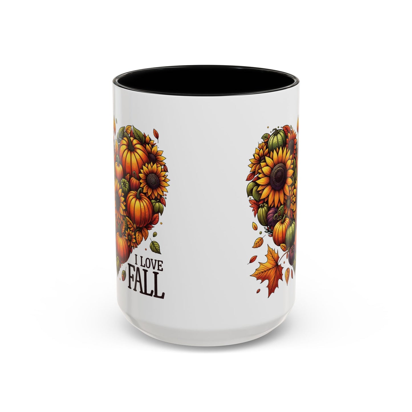 I Love Fall Autumn Mug | 11oz and 15oz Ceramic Coffee Cup | Sunflower and Pumpkin Heart Design