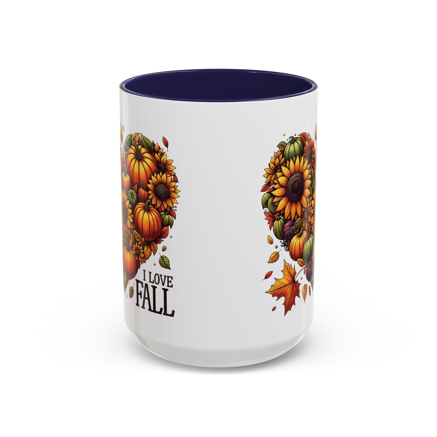 I Love Fall Autumn Mug | 11oz and 15oz Ceramic Coffee Cup | Sunflower and Pumpkin Heart Design