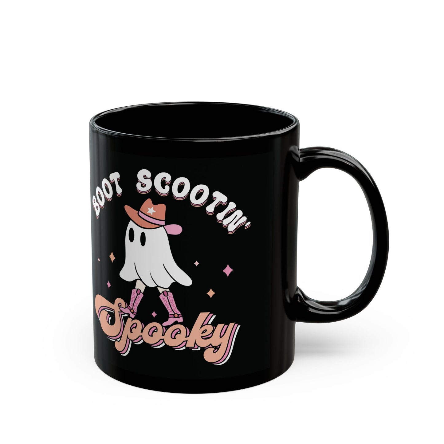 Boot Scootin Spooky Mug - Black Ceramic Coffee Cup with Cute Ghost Design - Fun Halloween Gift - 11oz & 15oz