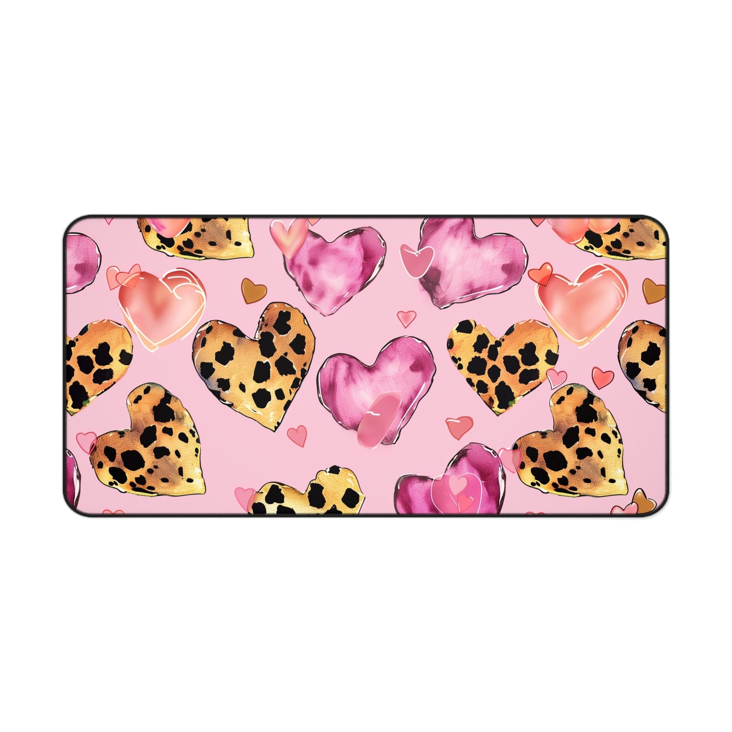 Heart Pattern Computer Desk Mat | Pink Leopard Hearts Mouse Pad | Anti-Slip Neoprene Desk Mat for Home Office | 3 Sizes Available