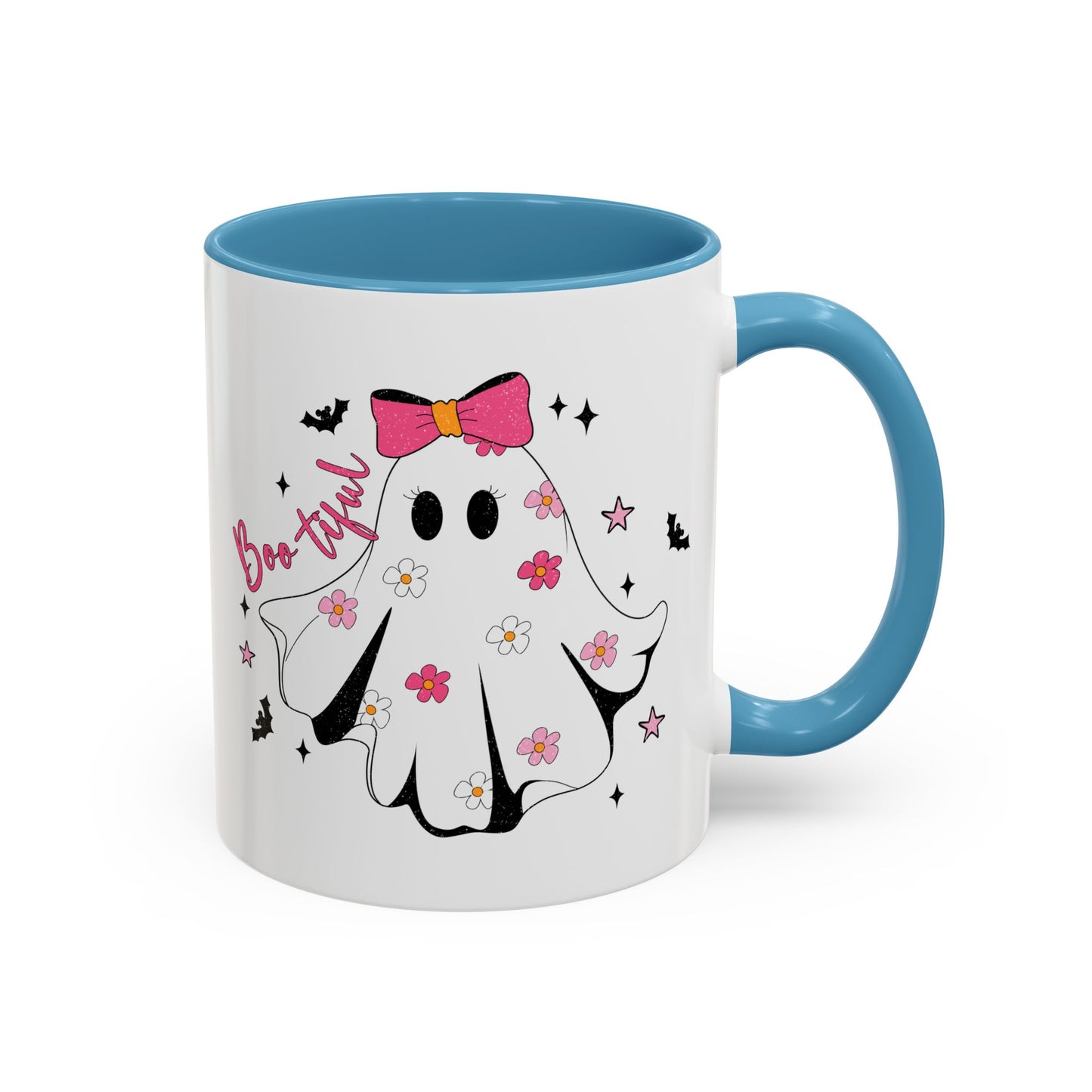 Boo-tiful Halloween Ghost Mug | 11oz and 15oz Coffee Cup | Cute Floral Design | Pink, Red, Black, Light Blue, or Navy Handle and Interior