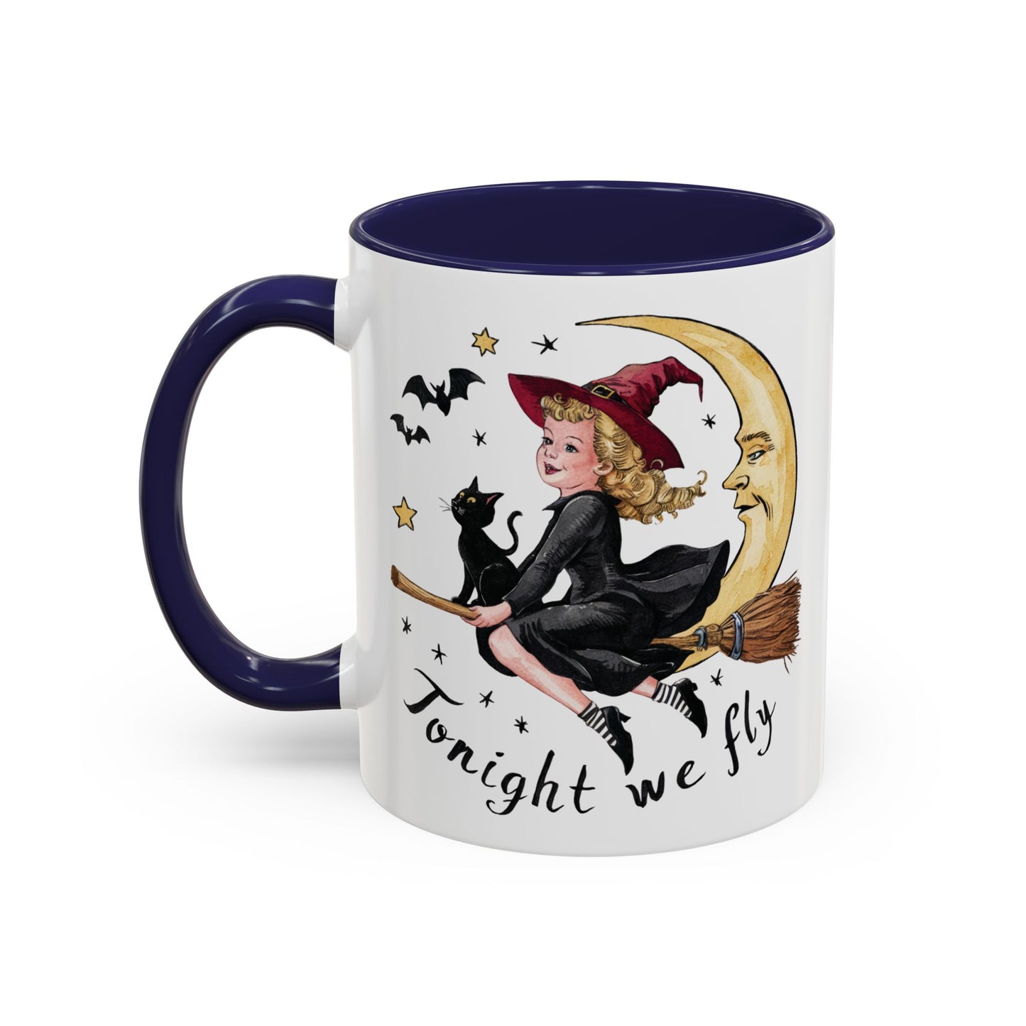 Tonight We Fly Halloween Witch Mug | Vintage Witch and Cat on Broomstick Design | Perfect Halloween Coffee Mug