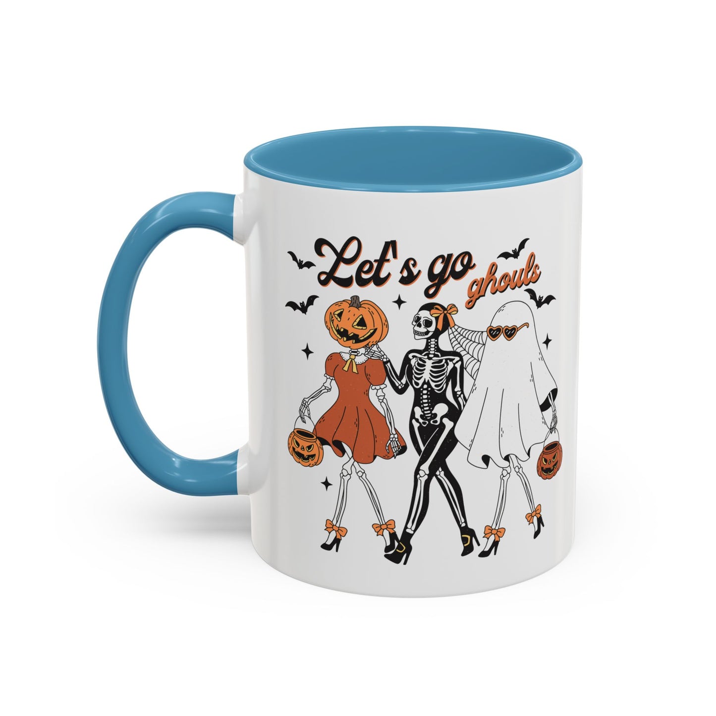 Lets Go Ghouls Halloween Mug | Skeleton, Ghost, and Pumpkin Friends Design | Spooky Coffee Mug | Fall Drinkware