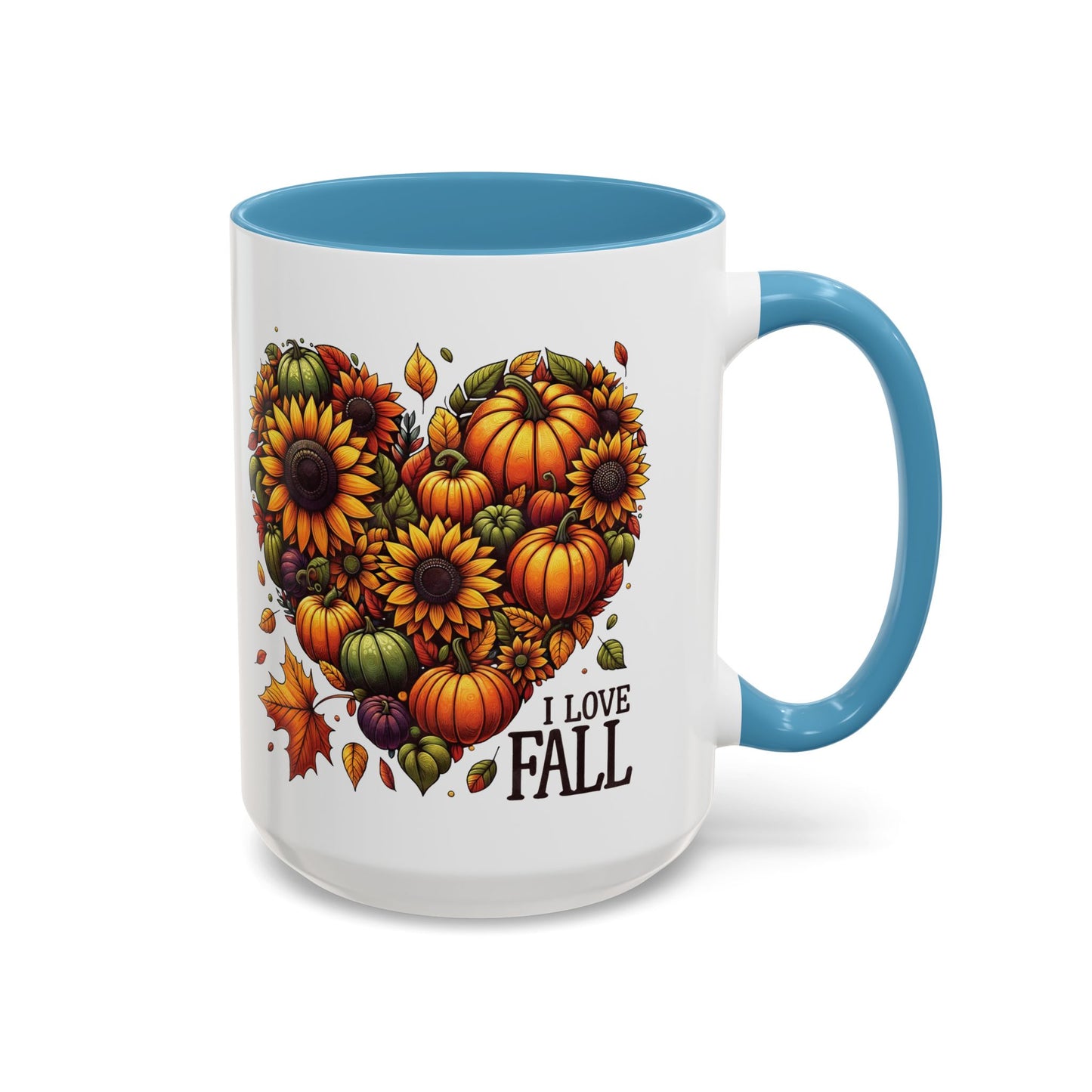 I Love Fall Autumn Mug | 11oz and 15oz Ceramic Coffee Cup | Sunflower and Pumpkin Heart Design