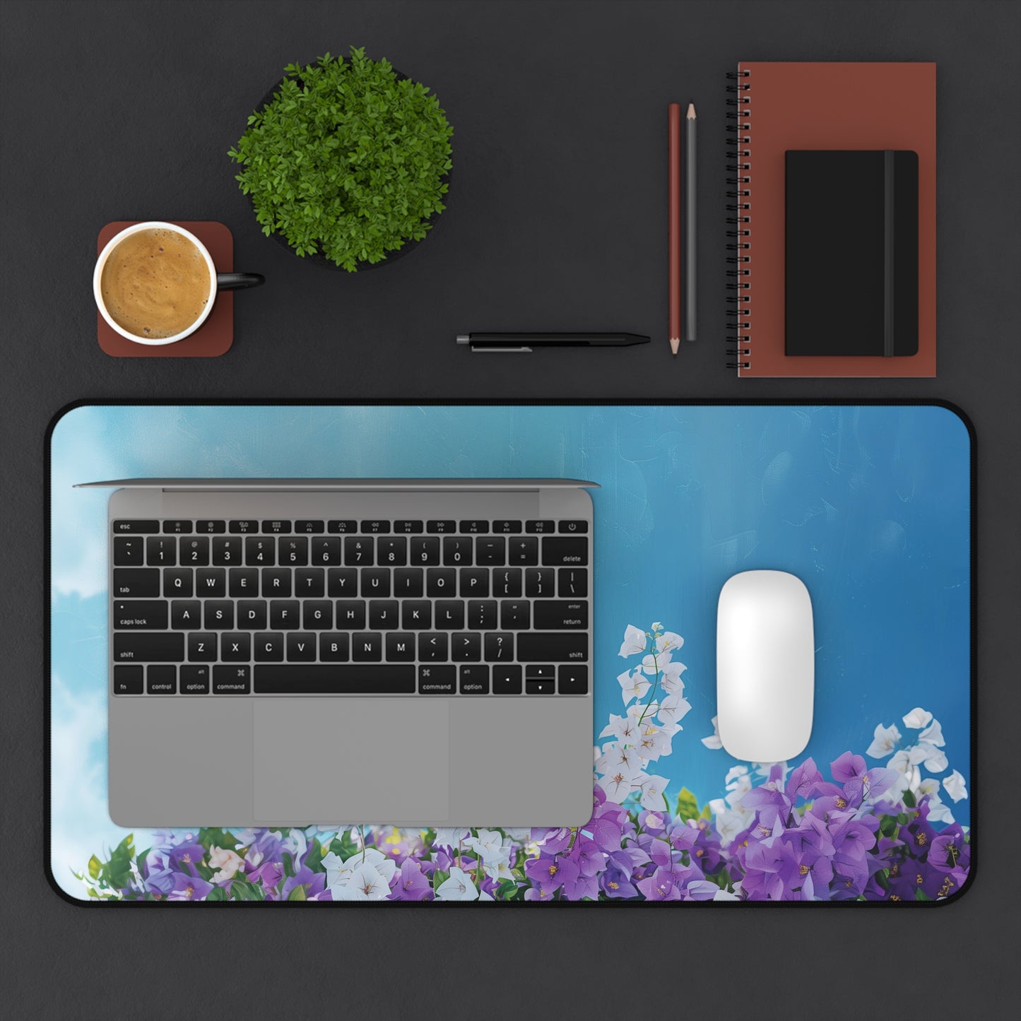 Floral Bliss Desk Mat | Wisteria & Blue Sky Design | Neoprene | Anti-Slip | 3 Sizes | Office Decor