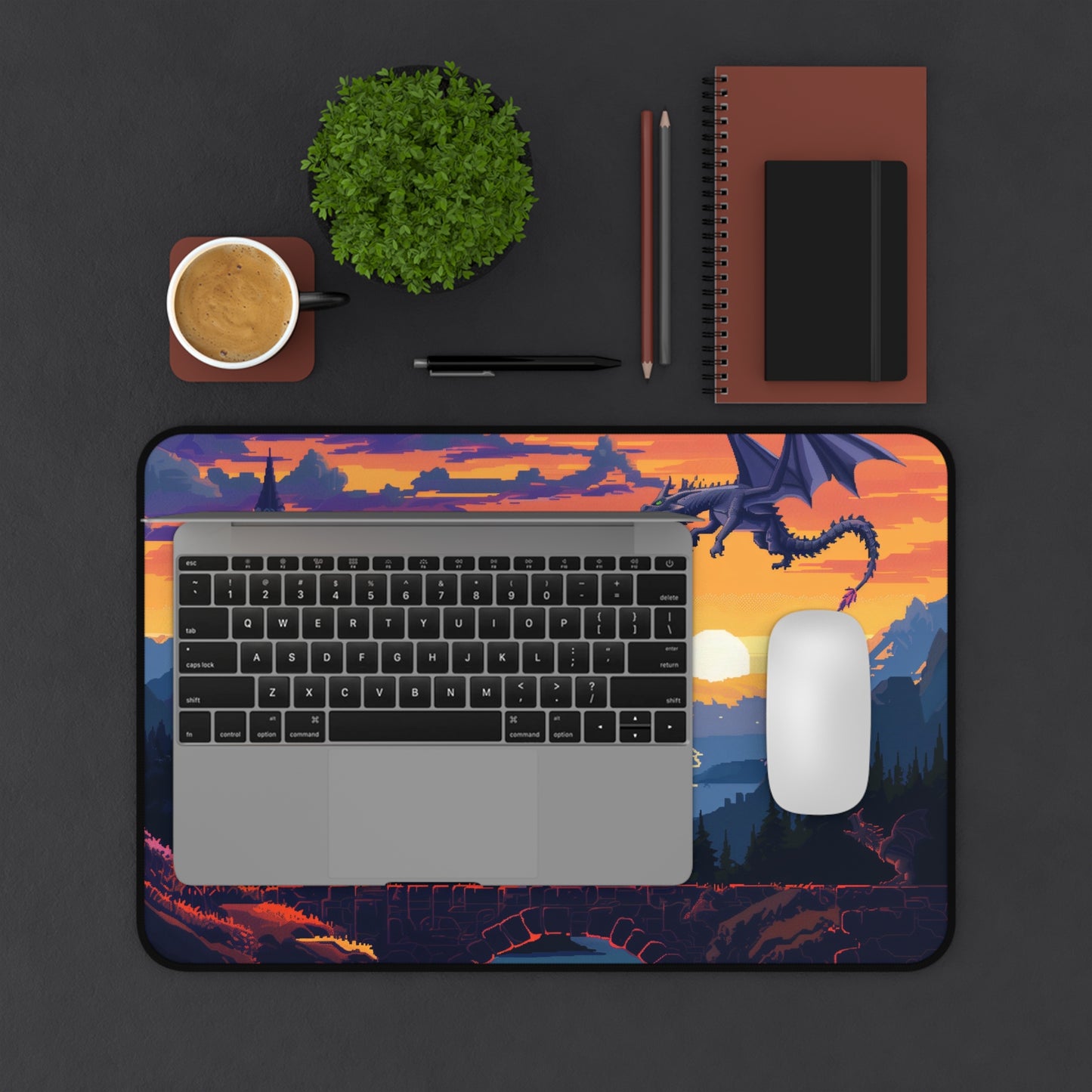 Epic Fantasy Realm Computer Desk Mat | Dragon and Castle Mouse Pad | Anti-Slip Neoprene Desk Mat for Home Office | 3 Sizes Available