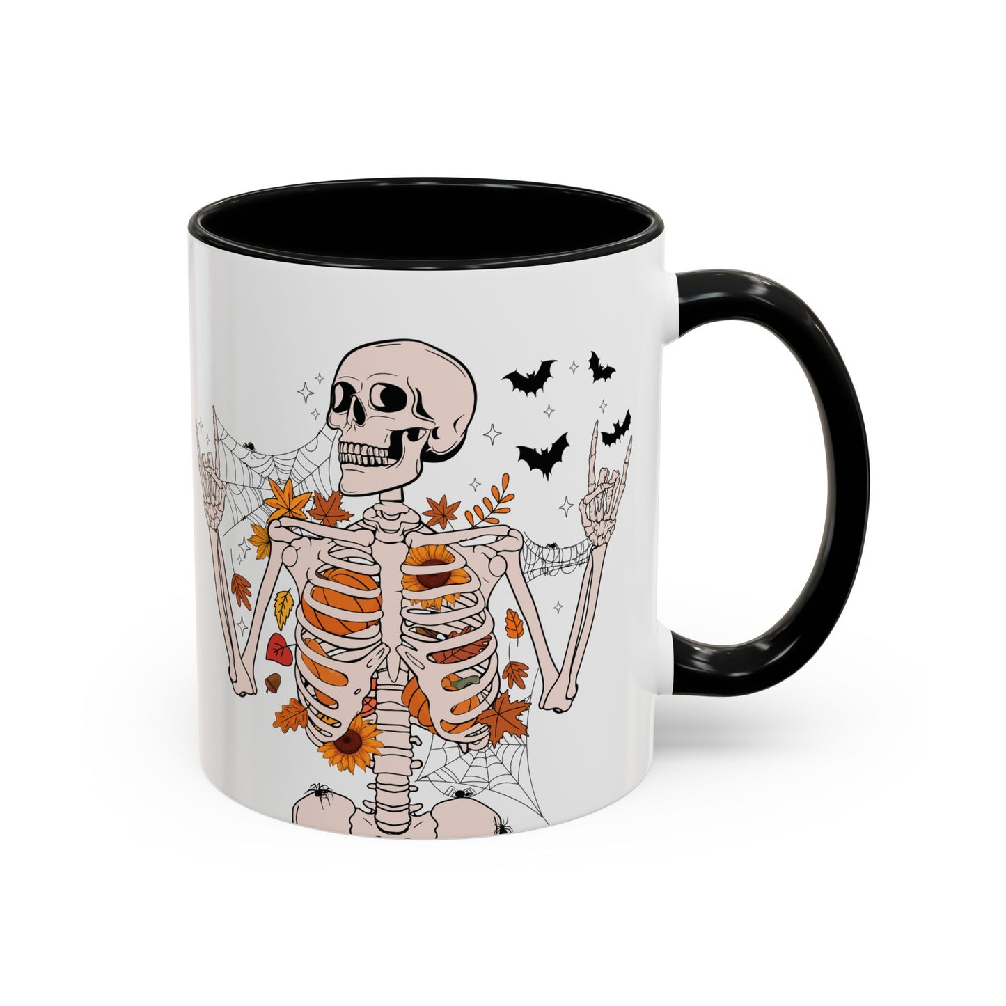 Spooky Skeleton Halloween Mug | 11oz and 15oz Ceramic Coffee Cup | Fall Leaves & Bats Design