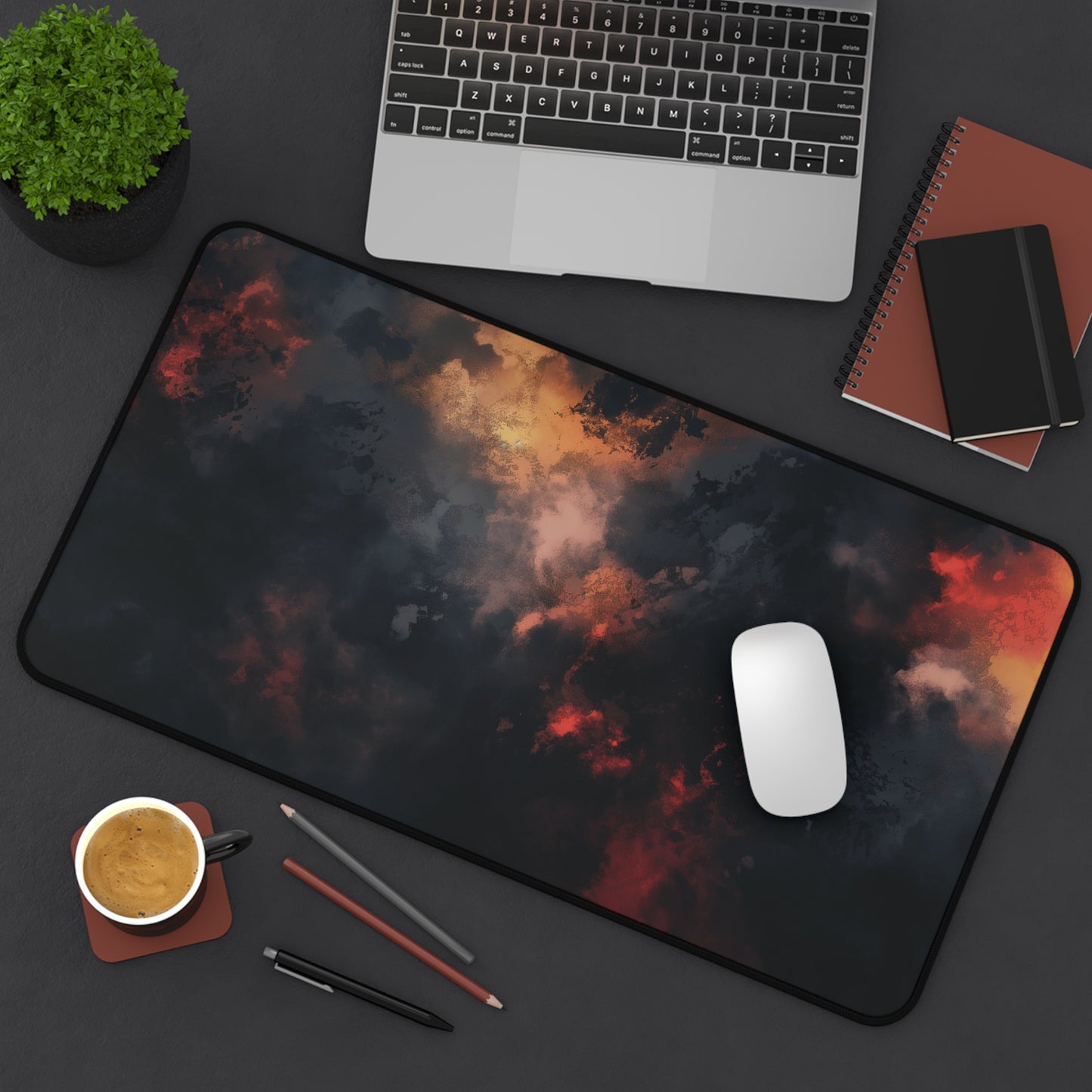 Abstract Firestorm Desk Mat | Dark Red and Black Neoprene | Anti-Slip | 3 Sizes | Office Decor